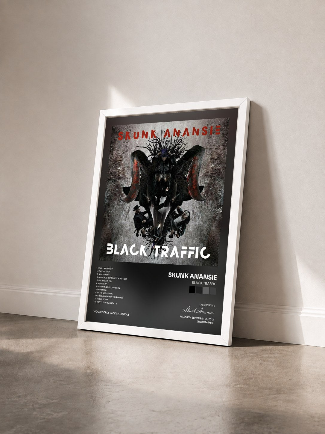 #blanc Tableau de l'album Black Traffic de Skunk Anansie vu de trois quarts, cadre blanc