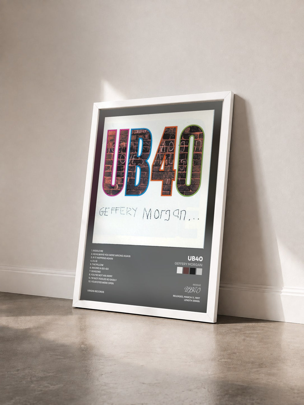#blanc Tableau de l'album Geffery Morgan de UB40 vu de trois quarts, cadre blanc
