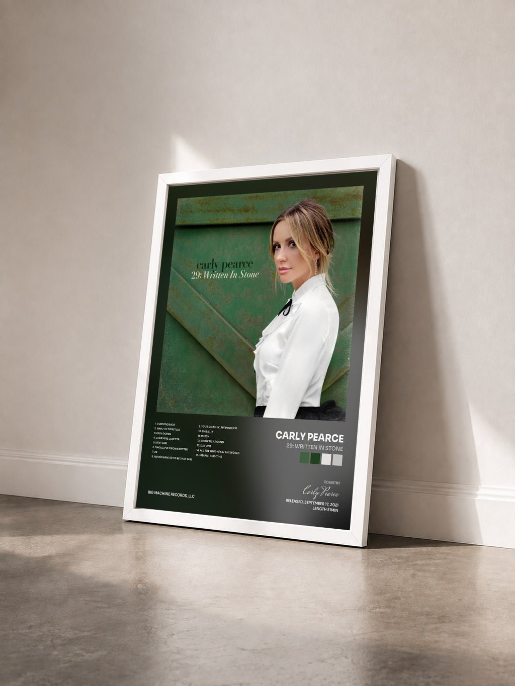 #blanc Tableau de l'album 29: Written In Stone de Carly Pearce vu de trois quarts, cadre blanc