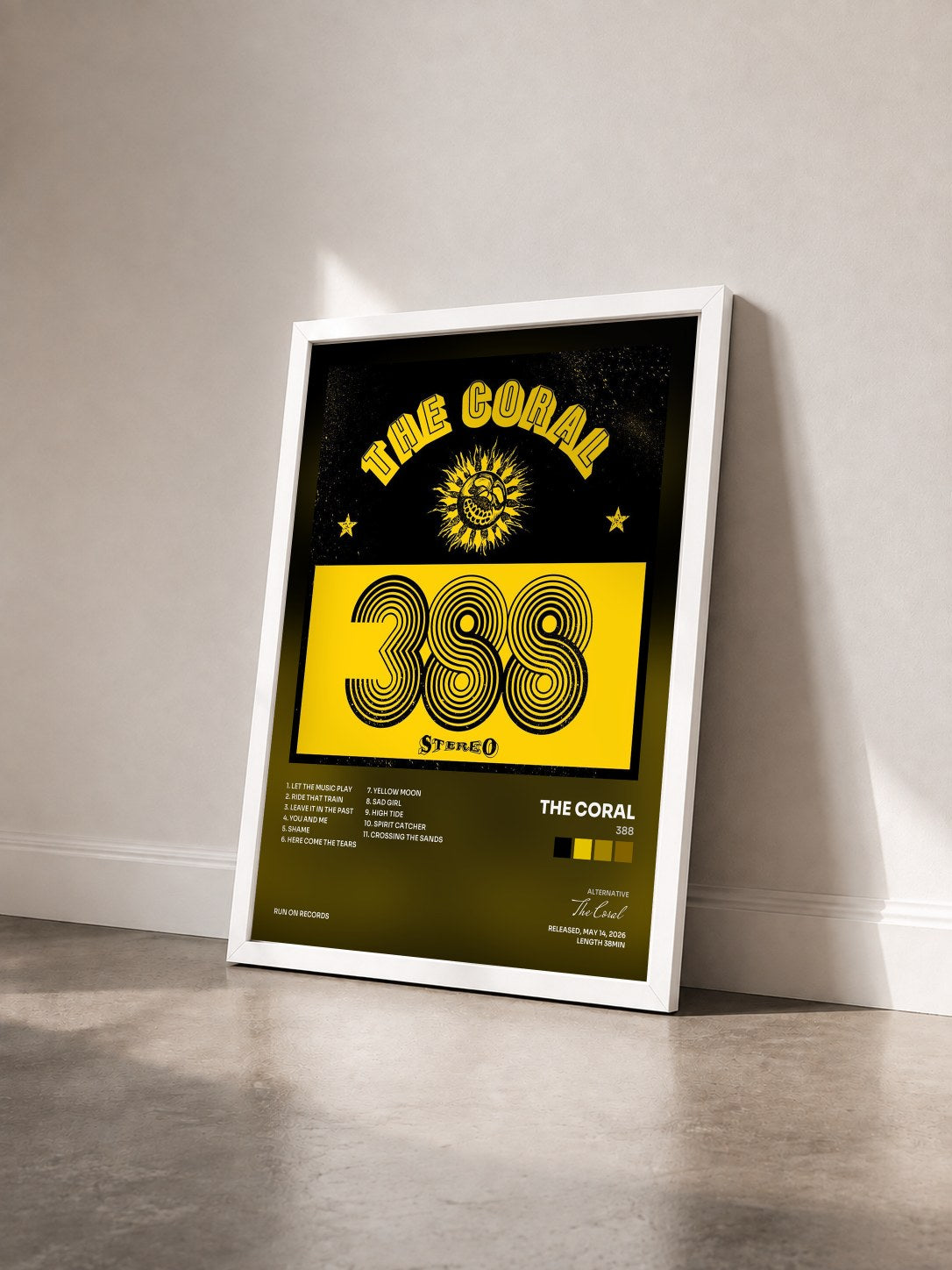 #blanc Tableau de l'album 388 de The Coral vu de trois quarts, cadre blanc