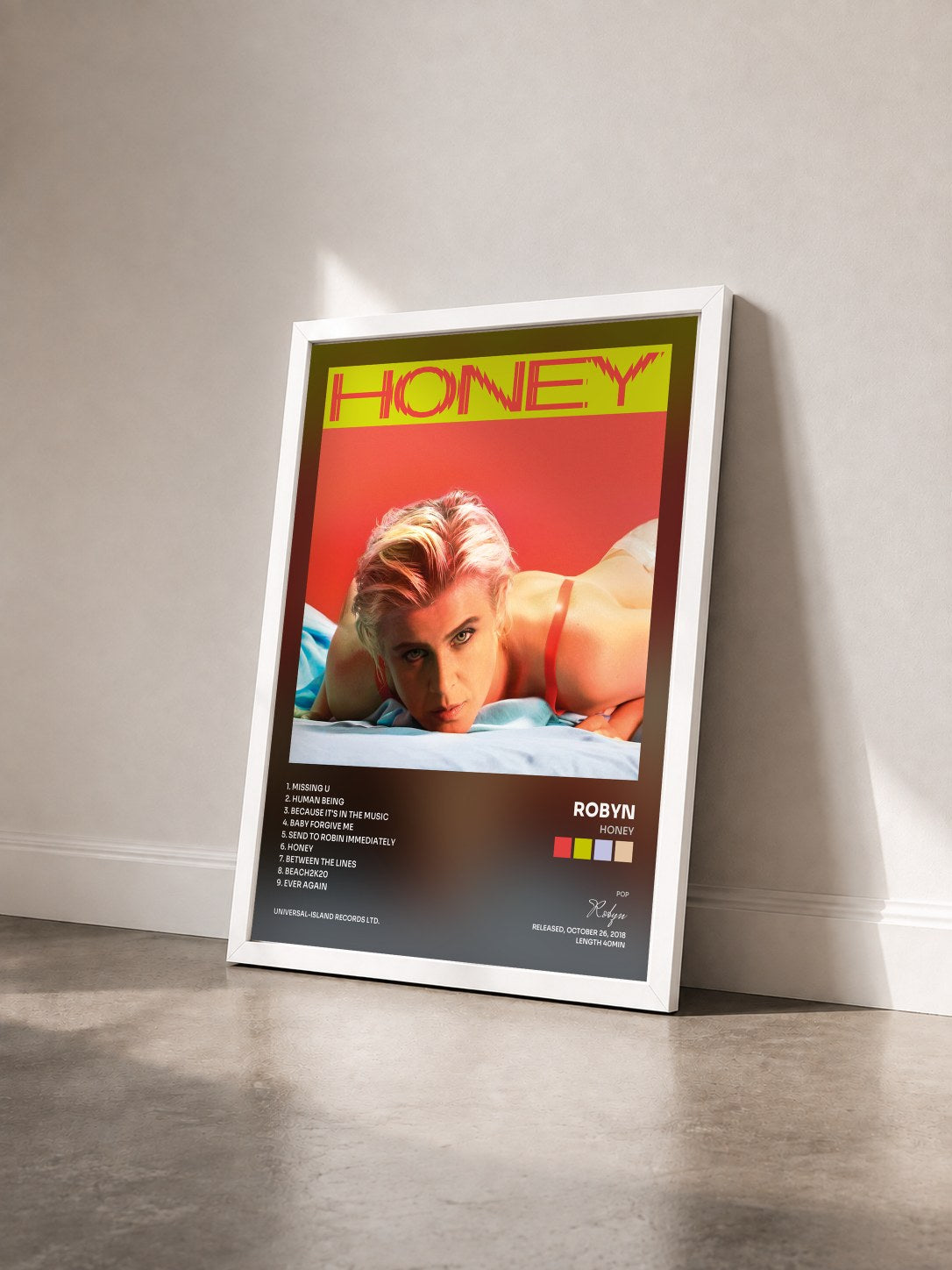 #blanc Tableau de l'album Honey de Robyn vu de trois quarts, cadre blanc