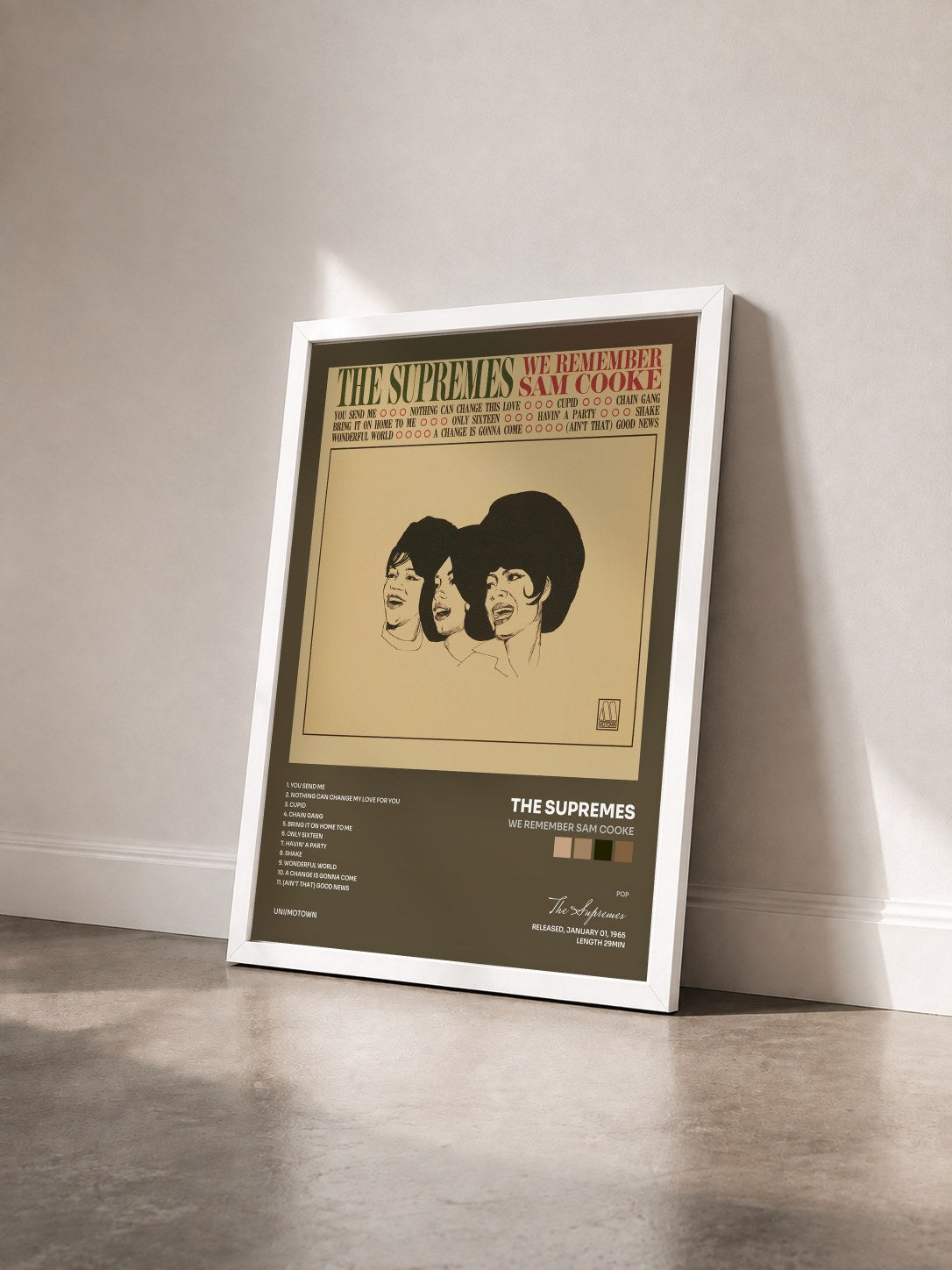 #blanc Tableau de l'album We Remember Sam Cooke de The Supremes vu de trois quarts, cadre blanc