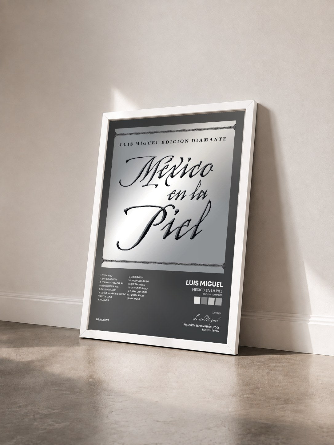 #blanc Tableau de l'album Mexico en la Piel (edicion diamante) de Luis Miguel vu de trois quarts, cadre blanc