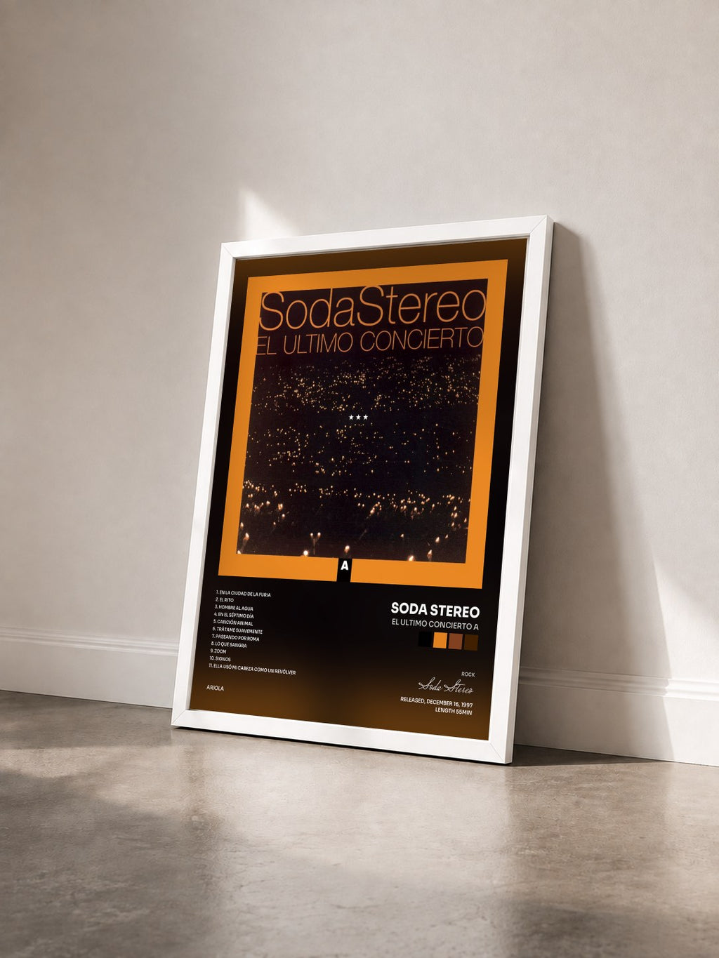 #blanc Tableau de l'album El Ultimo Concierto A de Soda Stereo vu de trois quarts, cadre blanc