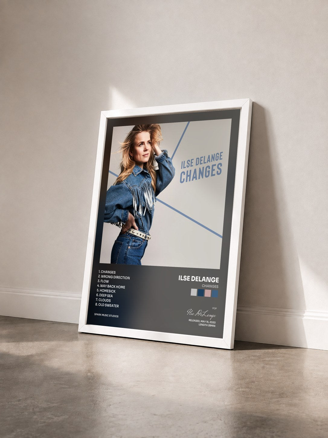 #blanc Tableau de l'album Changes de Ilse DeLange vu de trois quarts, cadre blanc