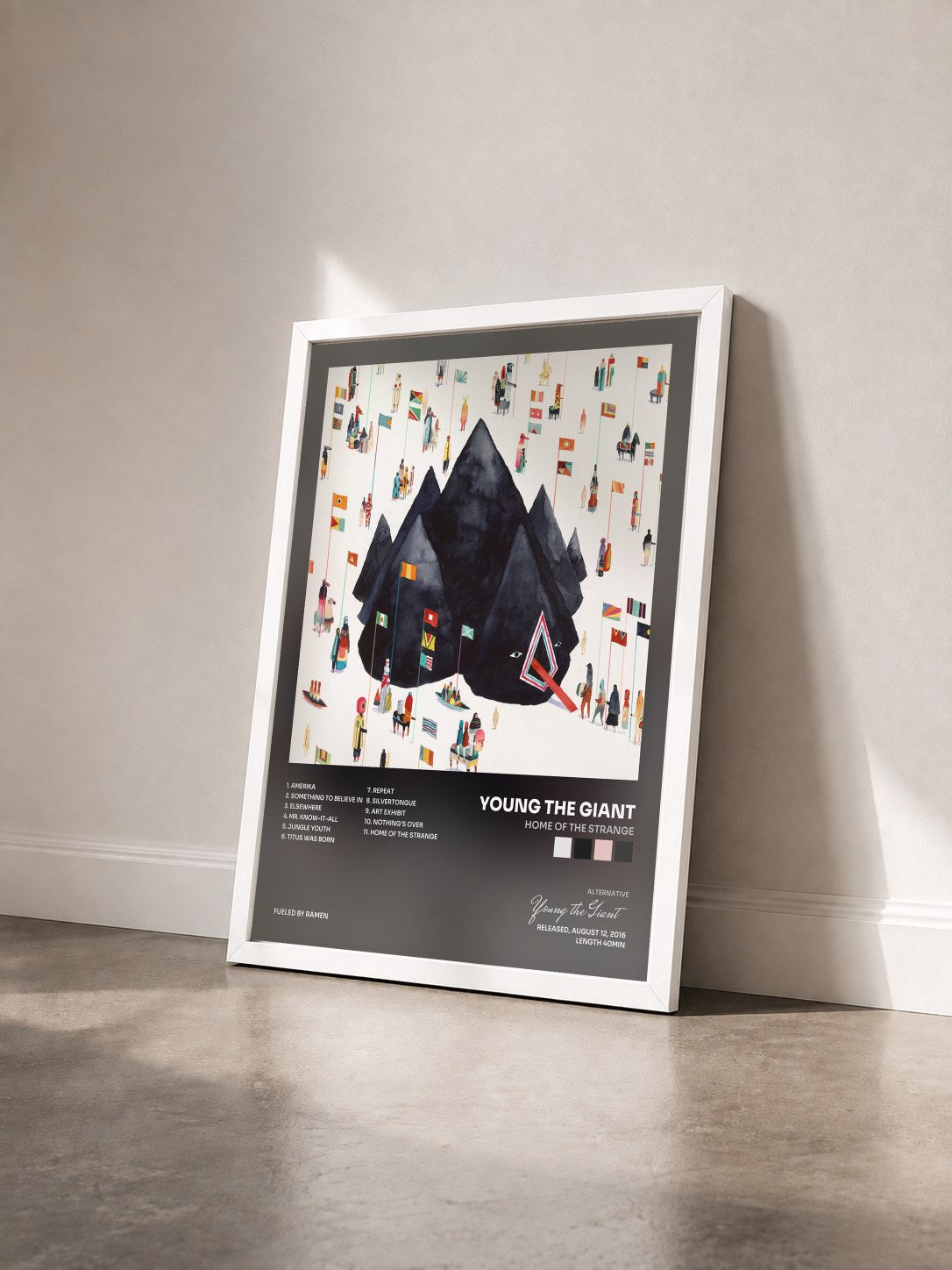#blanc Tableau de l'album Home of the Strange de Young the Giant vu de trois quarts, cadre blanc