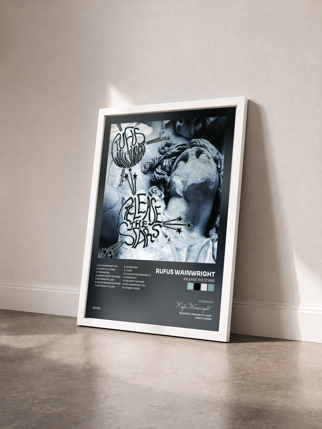 #blanc Tableau de l'album Release The Stars de Rufus Wainwright vu de trois quarts, cadre blanc