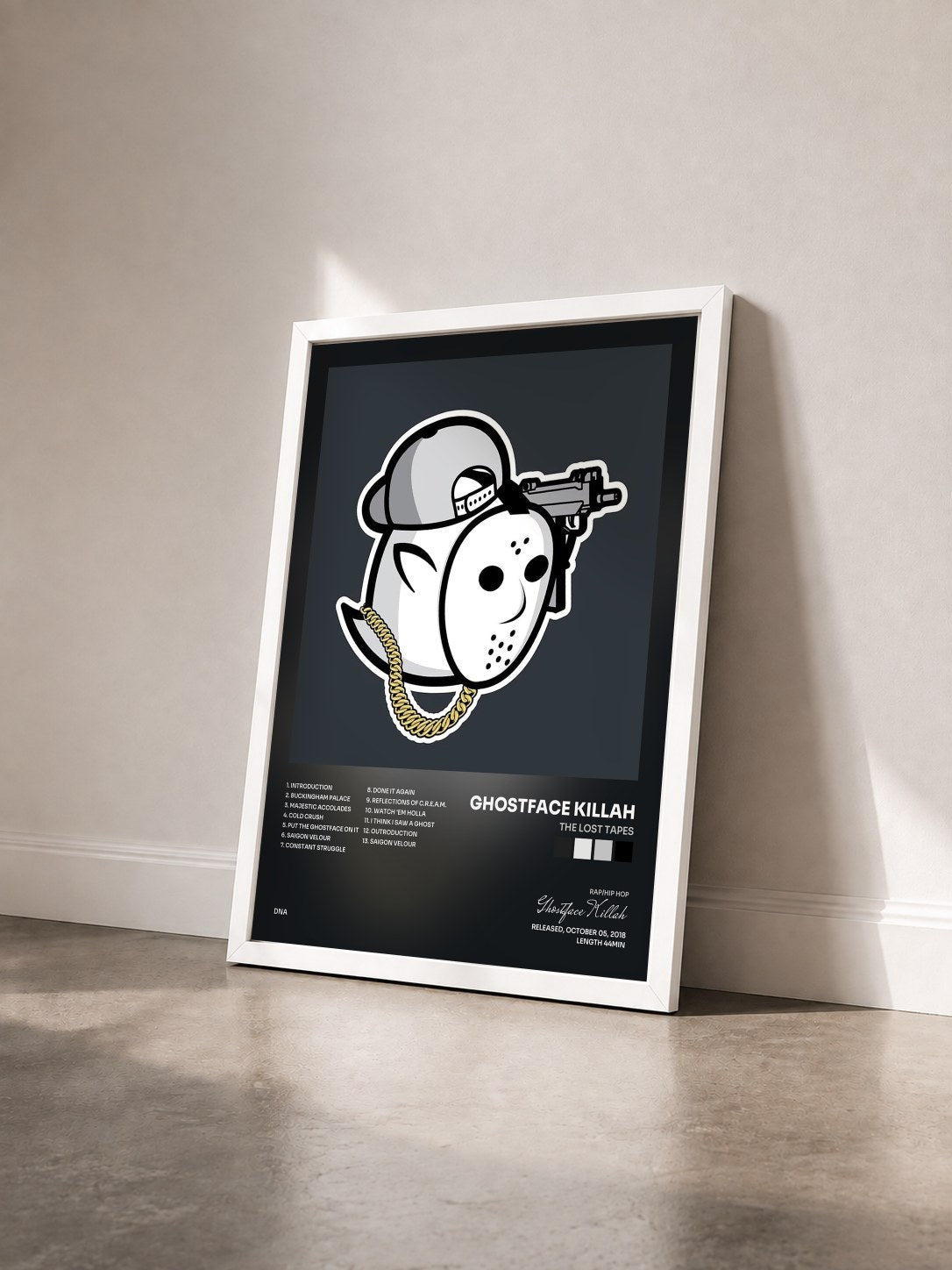#blanc Tableau de l'album The Lost Tapes de Ghostface Killah vu de trois quarts, cadre blanc