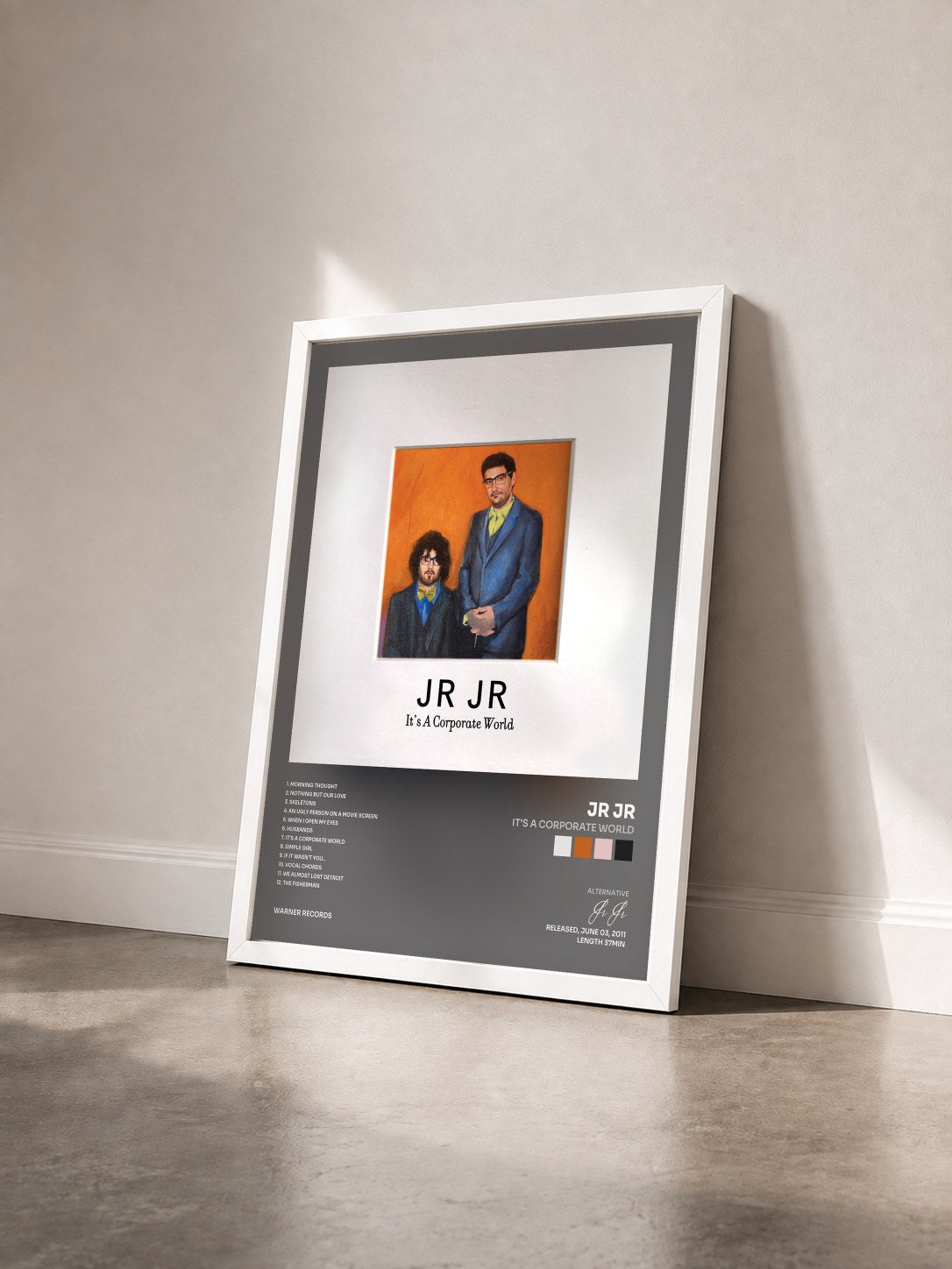 #blanc Tableau de l'album It's a Corporate World de Jr Jr vu de trois quarts, cadre blanc
