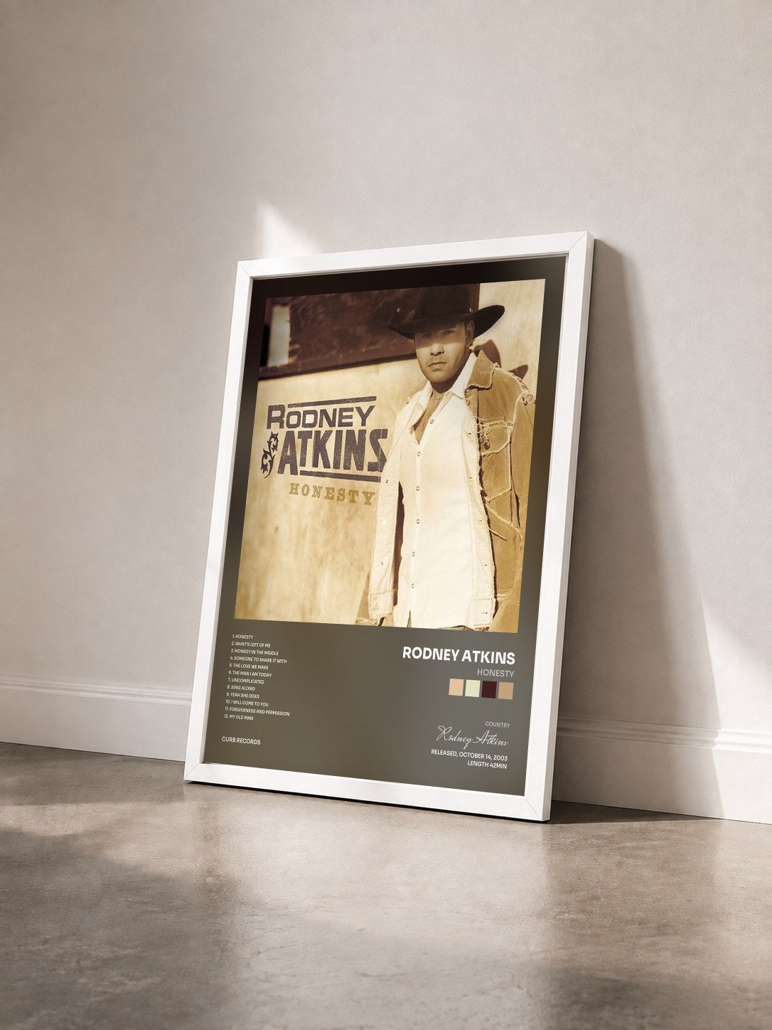 #blanc Tableau de l'album Honesty de Rodney Atkins vu de trois quarts, cadre blanc