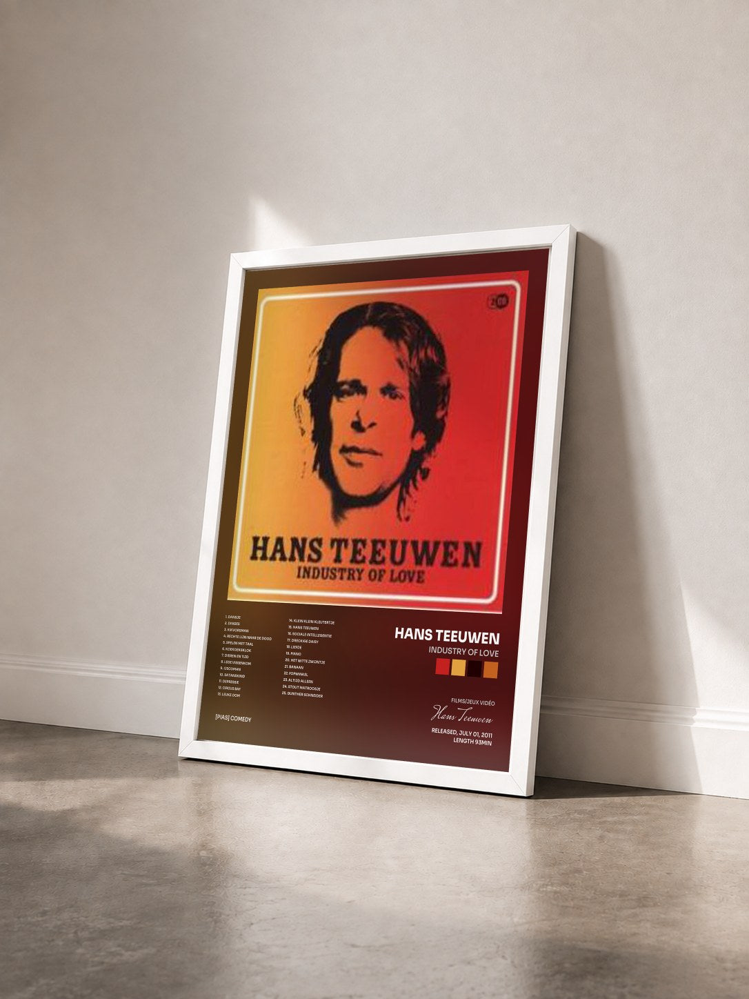 #blanc Tableau de l'album Industry of Love de Hans Teeuwen vu de trois quarts, cadre blanc