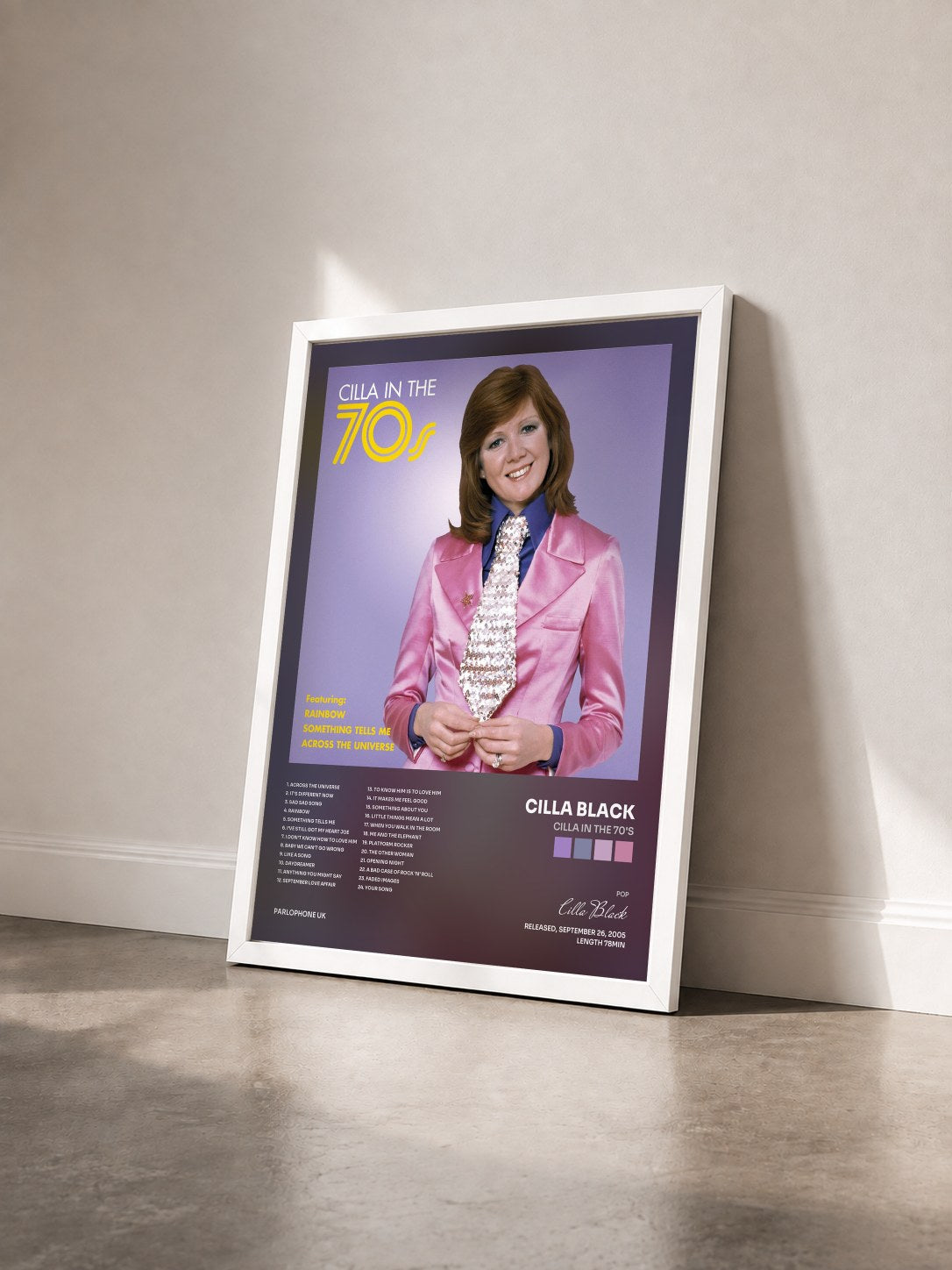 #blanc Tableau de l'album Cilla in the 70's de Cilla Black vu de trois quarts, cadre blanc