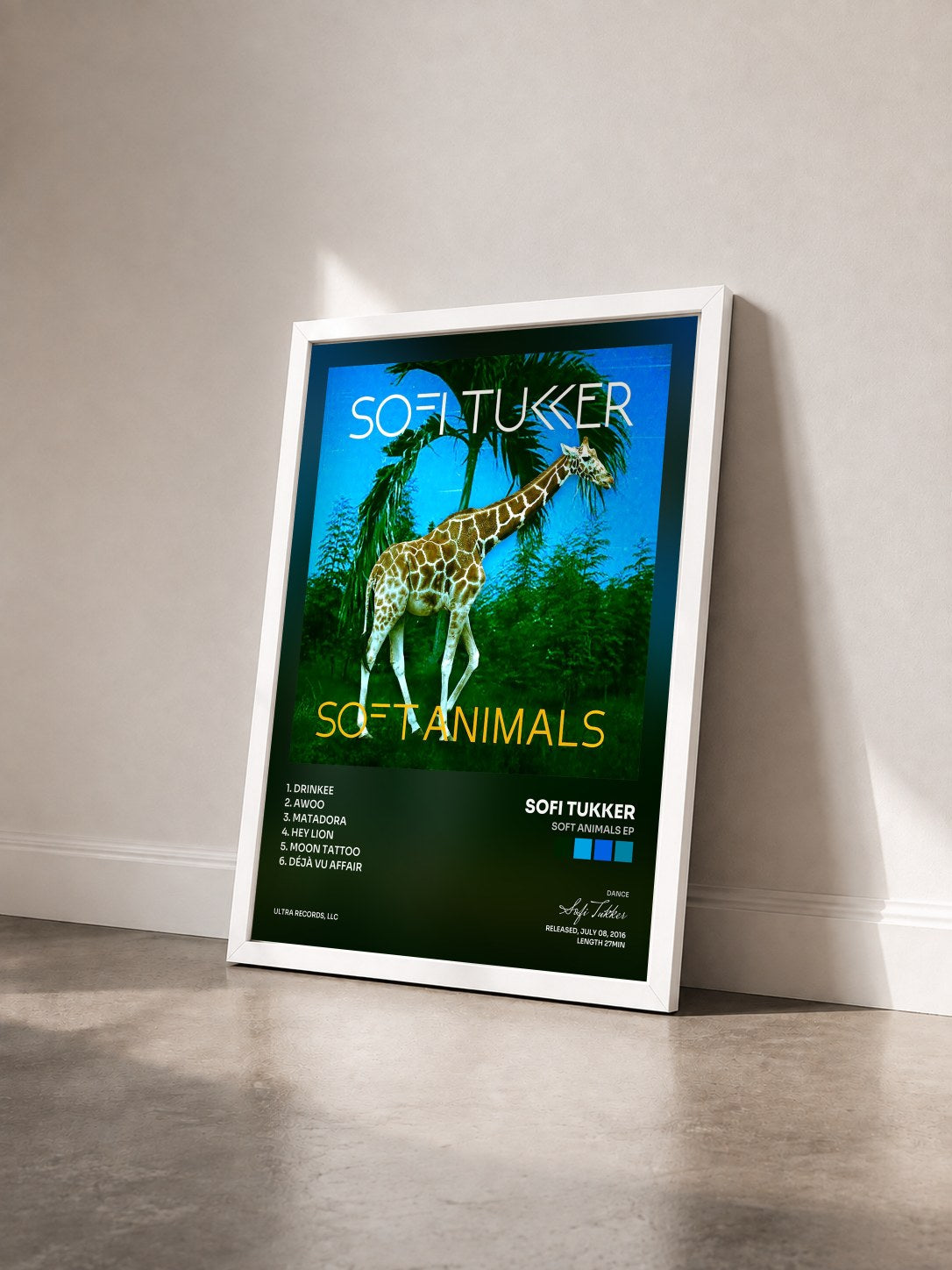 #blanc Tableau de l'album Soft Animals EP de Sofi Tukker vu de trois quarts, cadre blanc