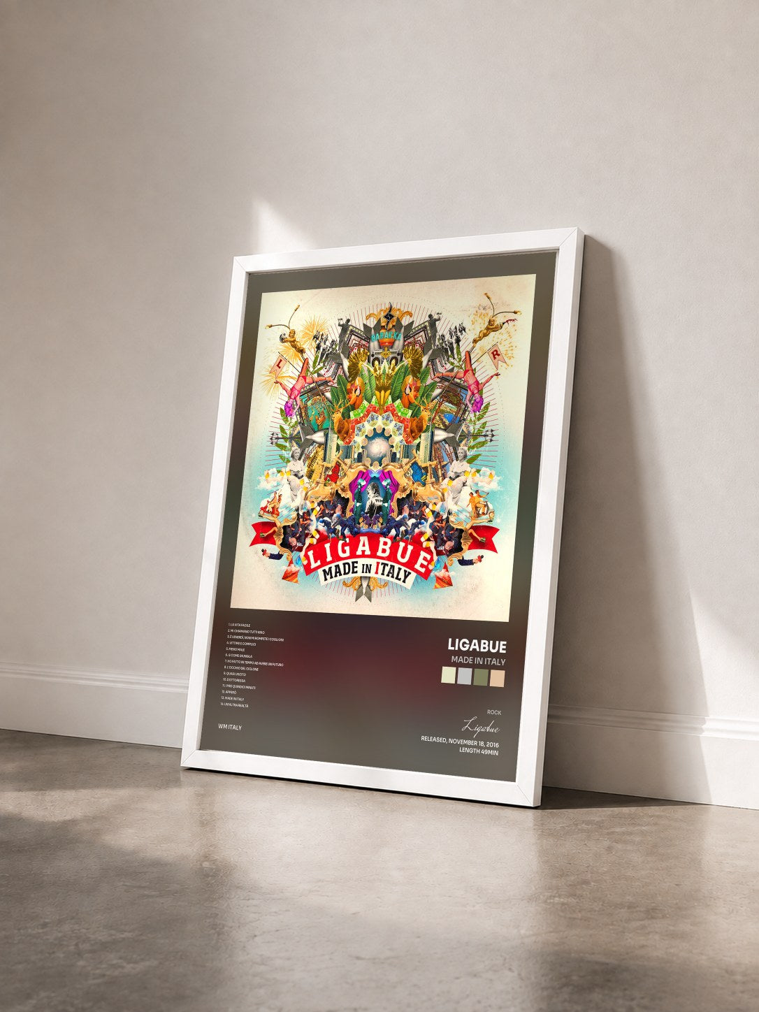 #blanc Tableau de l'album Made in Italy de Ligabue vu de trois quarts, cadre blanc