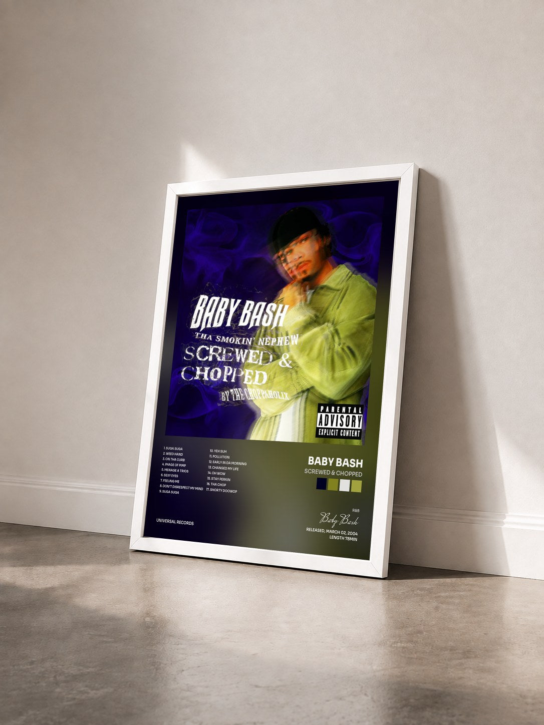 #blanc Tableau de l'album Screwed & Chopped de Baby Bash vu de trois quarts, cadre blanc