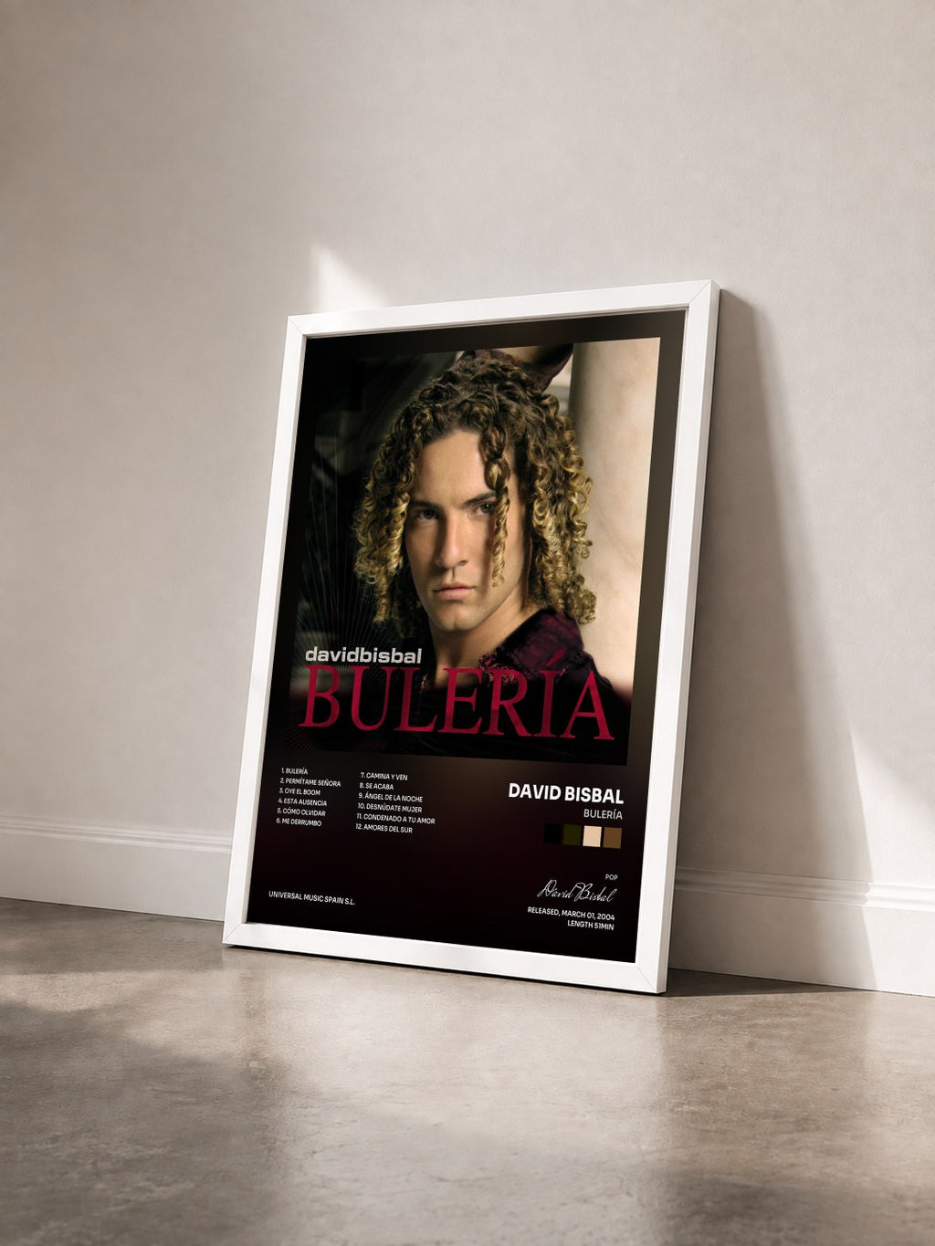 #blanc Tableau de l'album Bulería de David Bisbal vu de trois quarts, cadre blanc