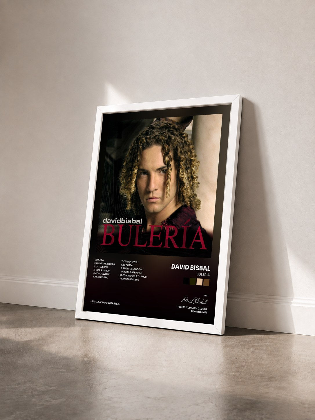 #blanc Tableau de l'album Bulería de David Bisbal vu de trois quarts, cadre blanc