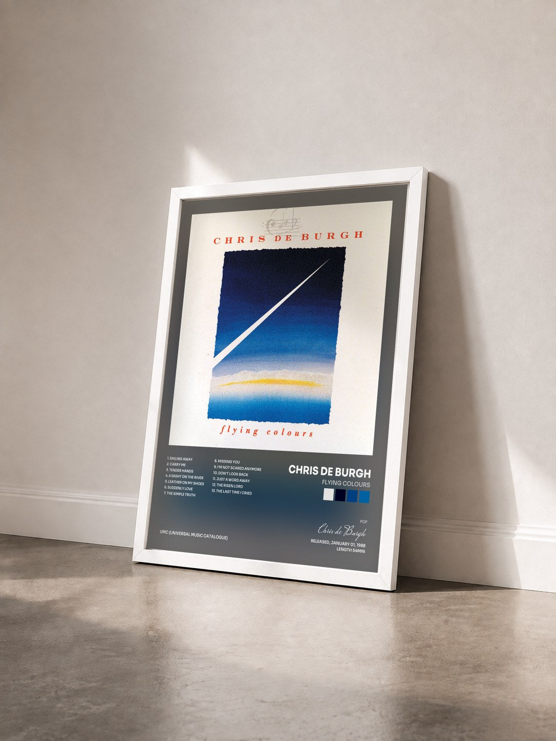 #blanc Tableau de l'album Flying Colours de Chris de Burgh vu de trois quarts, cadre blanc