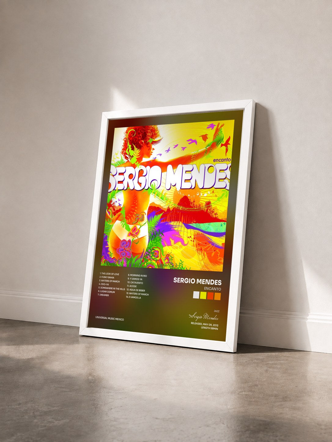 #blanc Tableau de l'album Encanto de Sergio Mendes vu de trois quarts, cadre blanc