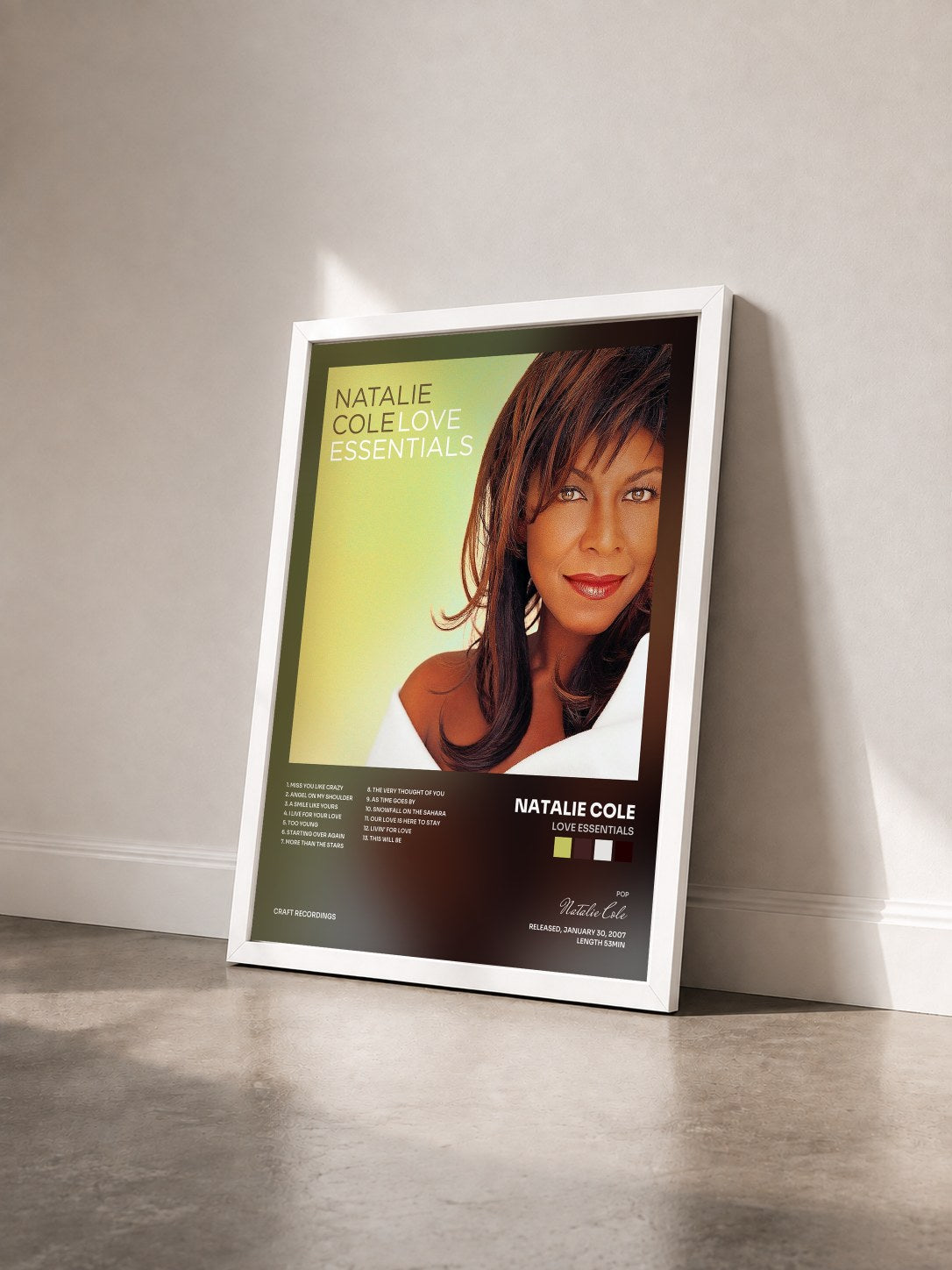 #blanc Tableau de l'album Love Essentials de Natalie Cole vu de trois quarts, cadre blanc