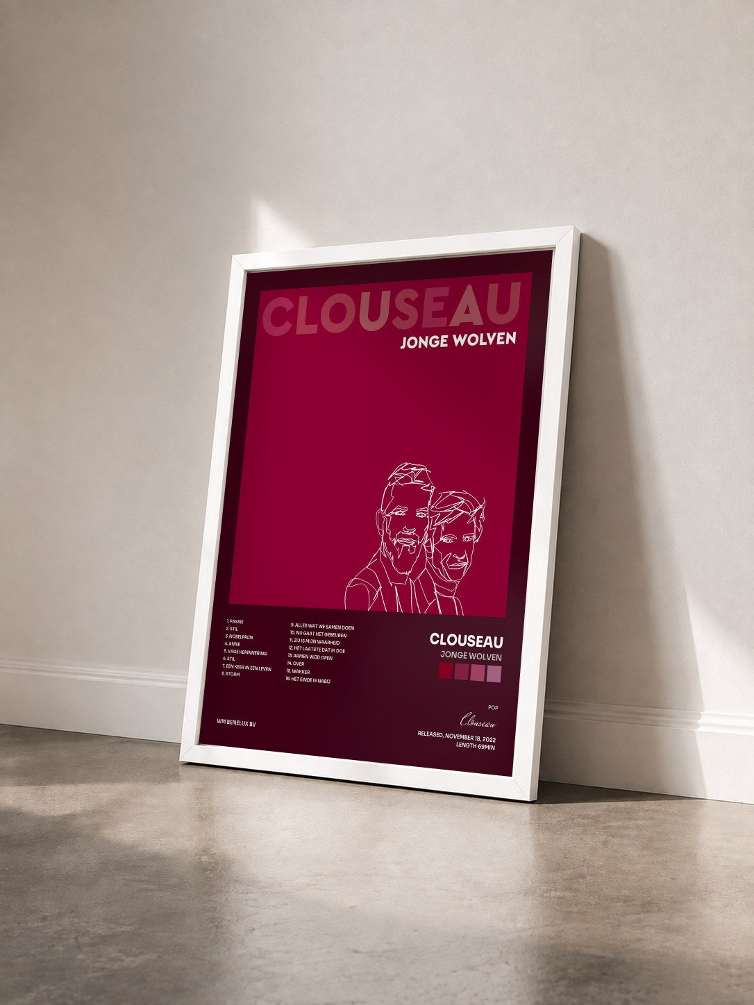 #blanc Tableau de l'album Jonge Wolven de Clouseau vu de trois quarts, cadre blanc
