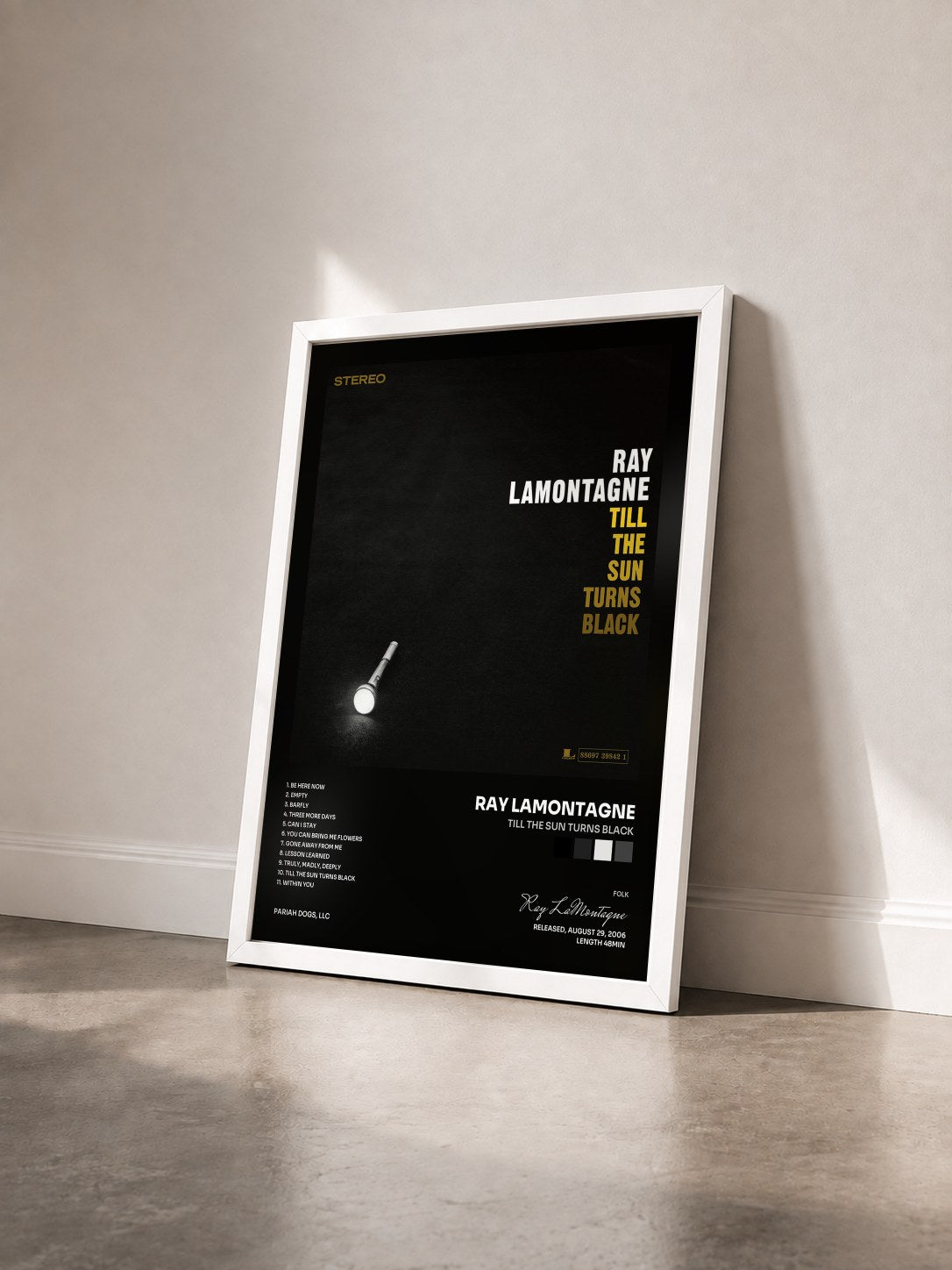 #blanc Tableau de l'album Till The Sun Turns Black de Ray LaMontagne vu de trois quarts, cadre blanc