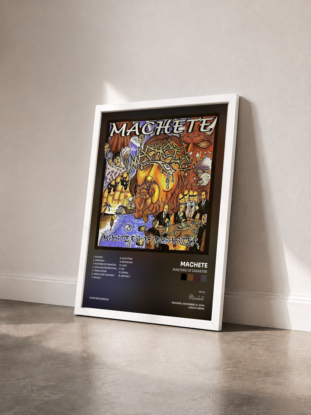 #blanc Tableau de l'album Masters of Disaster de Machete vu de trois quarts, cadre blanc