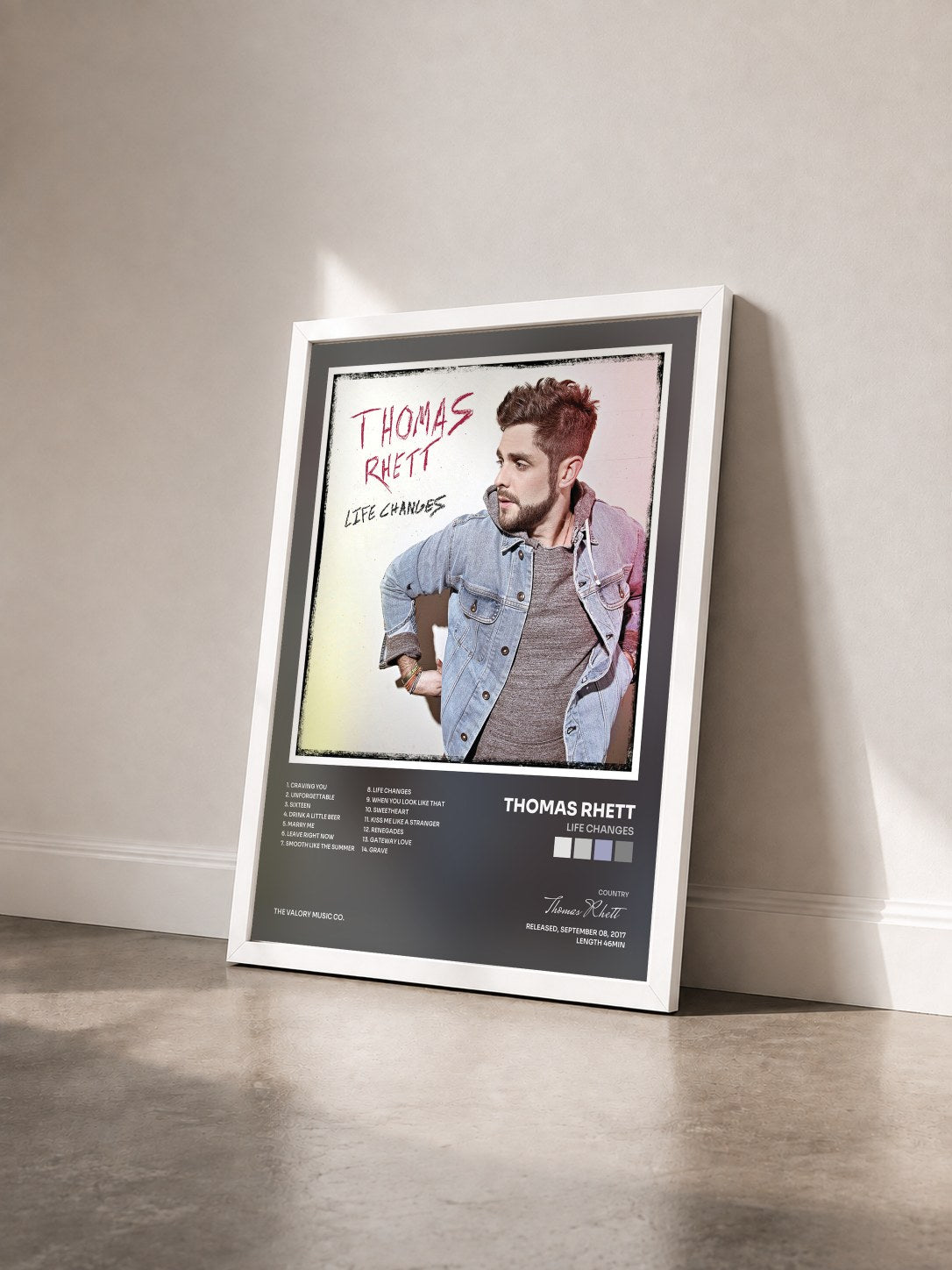 #blanc Tableau de l'album Life Changes de Thomas Rhett vu de trois quarts, cadre blanc