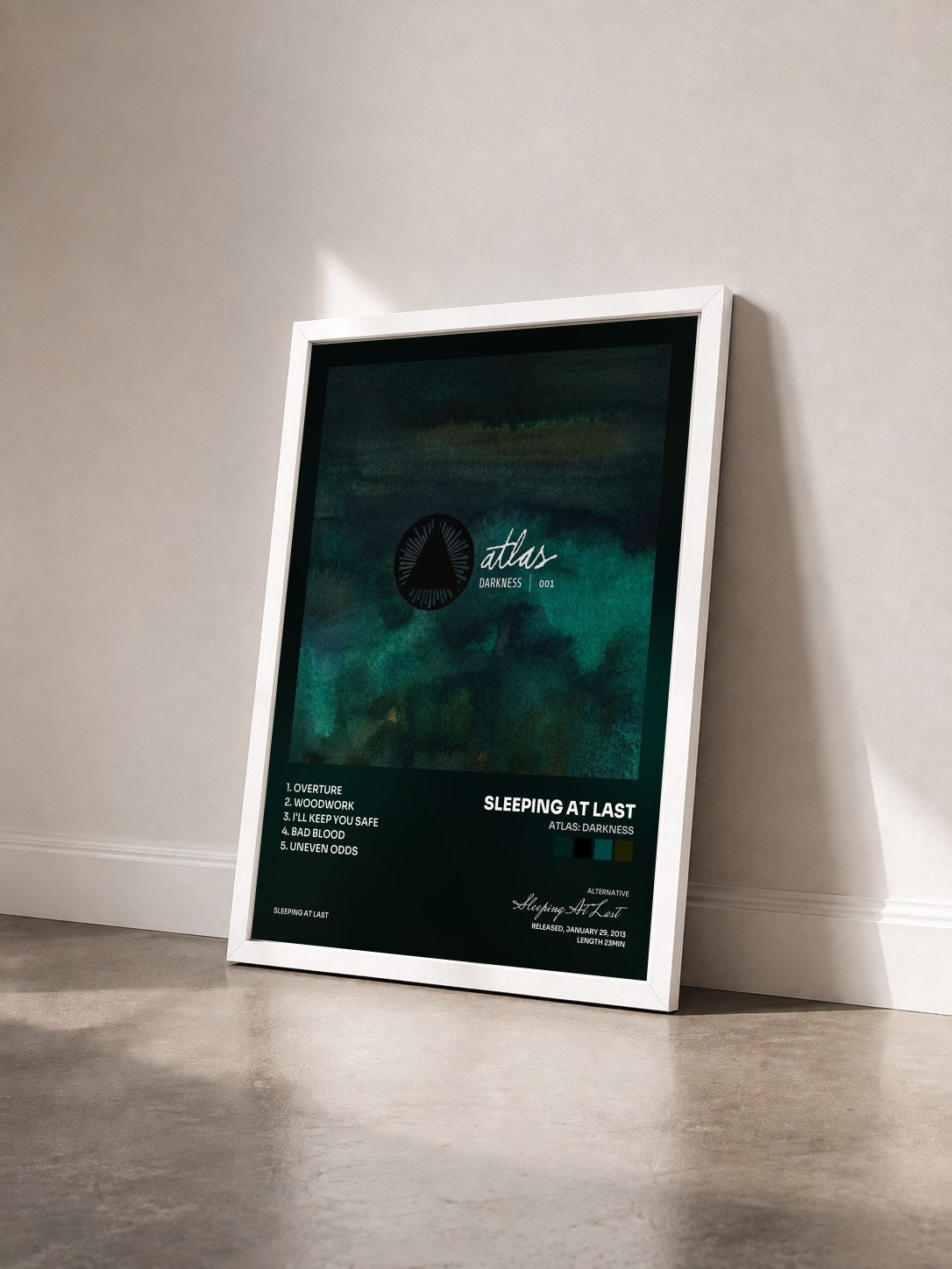 #blanc Tableau de l'album Atlas: Darkness de Sleeping At Last vu de trois quarts, cadre blanc
