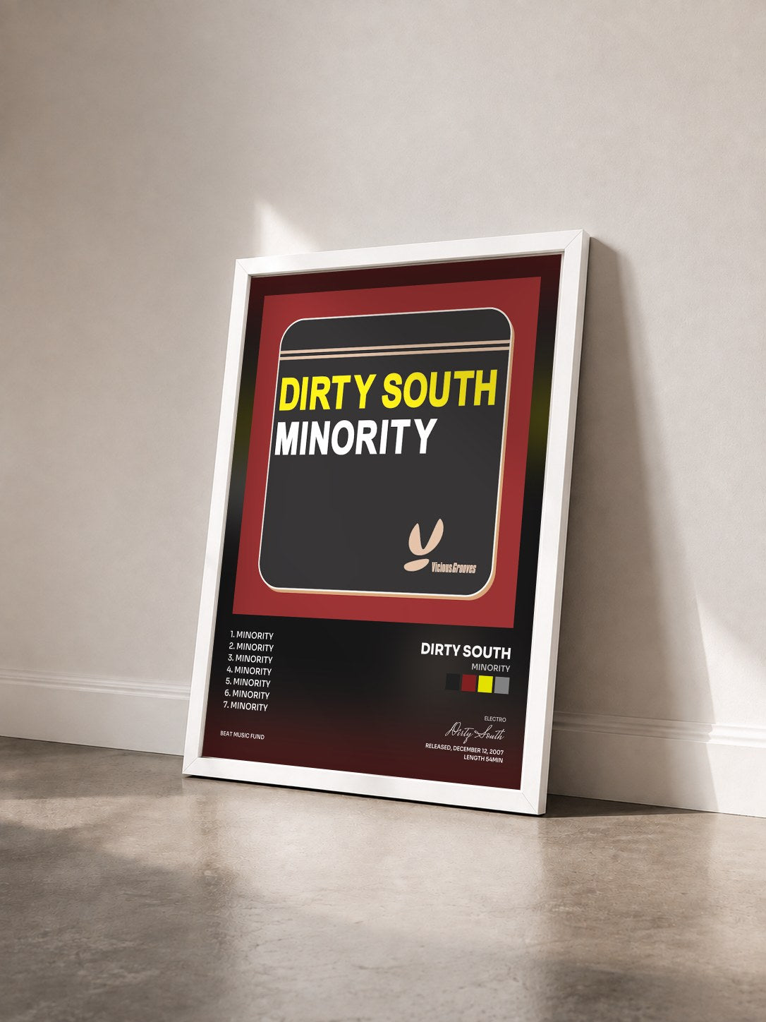 #blanc Tableau de l'album Minority de Dirty South vu de trois quarts, cadre blanc