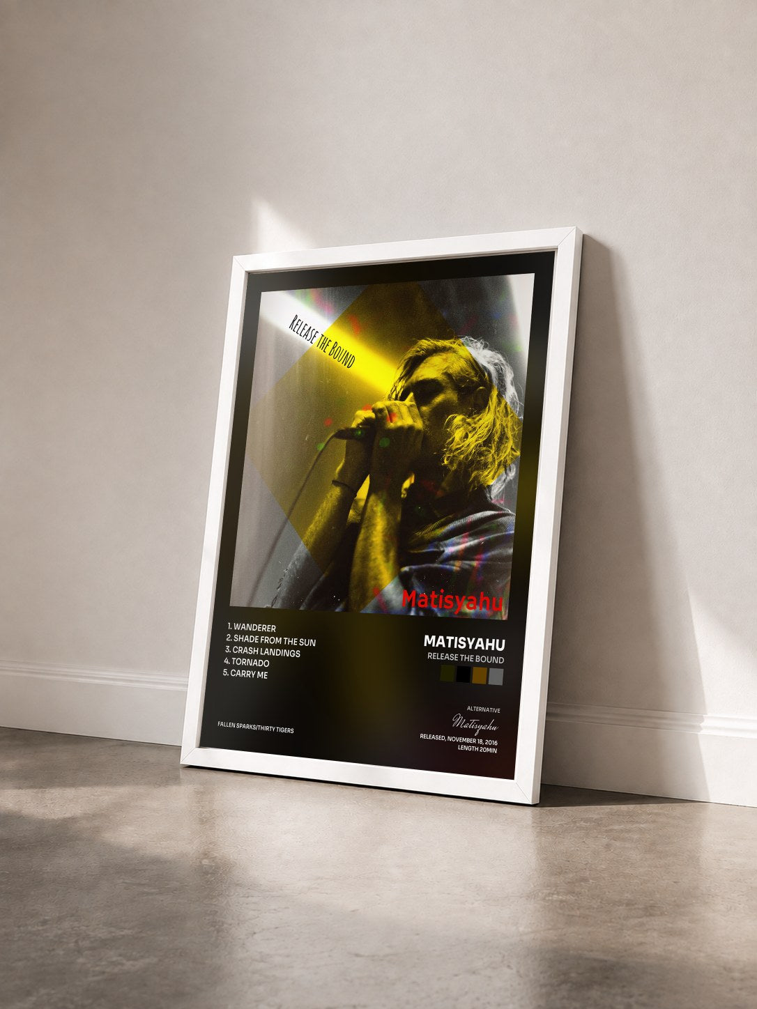 #blanc Tableau de l'album Release the Bound de Matisyahu vu de trois quarts, cadre blanc