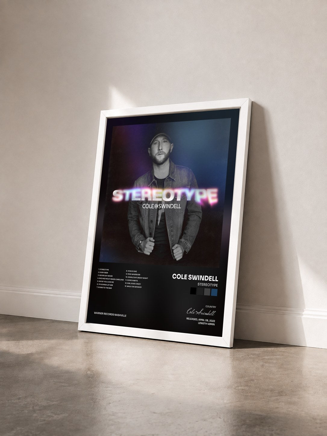 #blanc Tableau de l'album Stereotype de Cole Swindell vu de trois quarts, cadre blanc