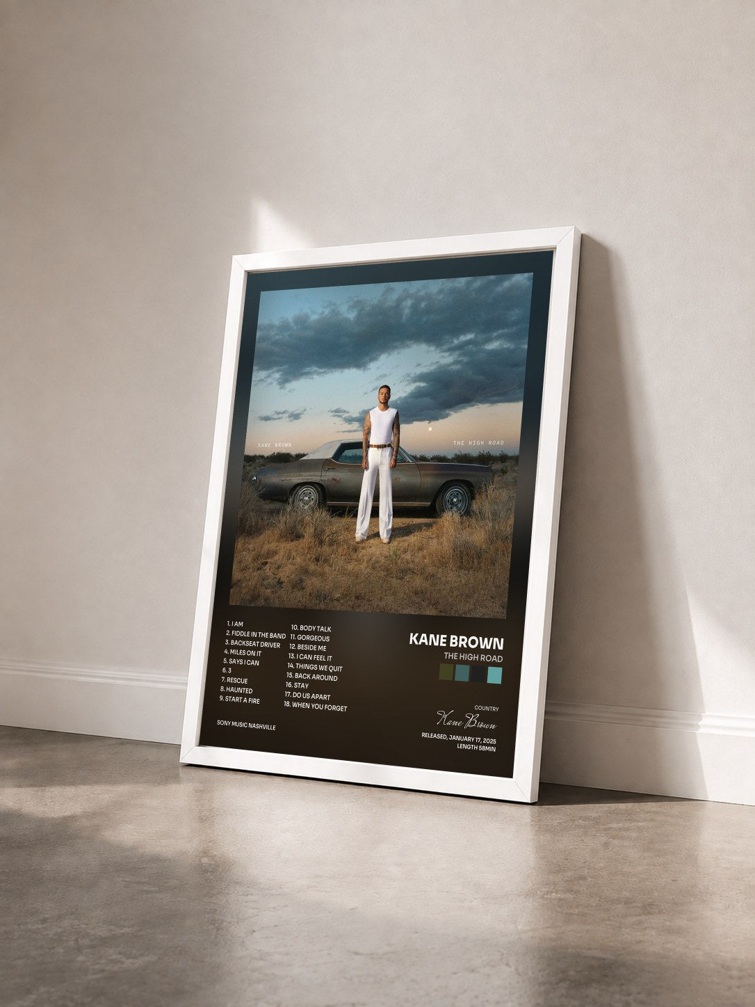 #blanc Tableau de l'album The High Road de Kane Brown vu de trois quarts, cadre blanc