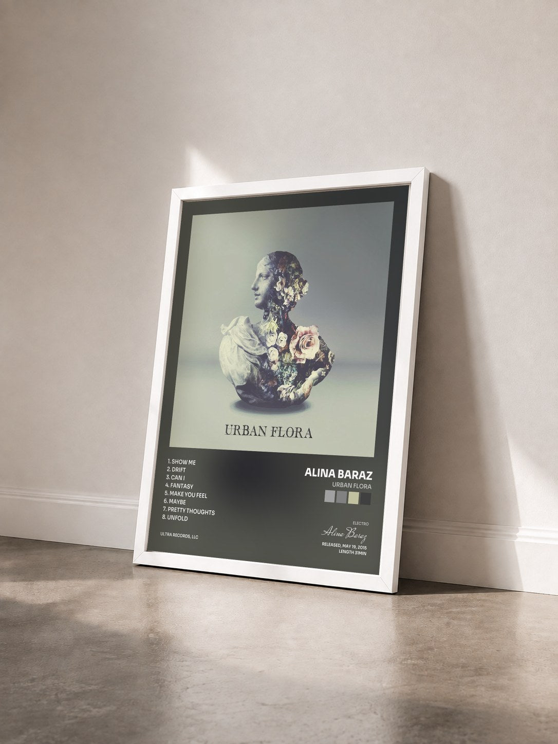 #blanc Tableau de l'album Urban Flora de Alina Baraz vu de trois quarts, cadre blanc
