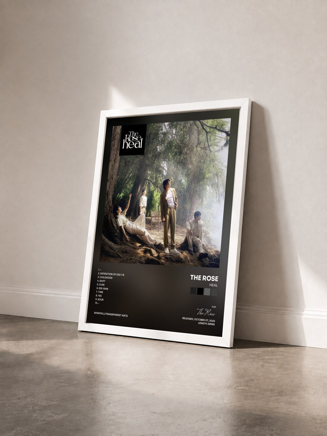 #blanc Tableau de l'album HEAL de The Rose vu de trois quarts, cadre blanc