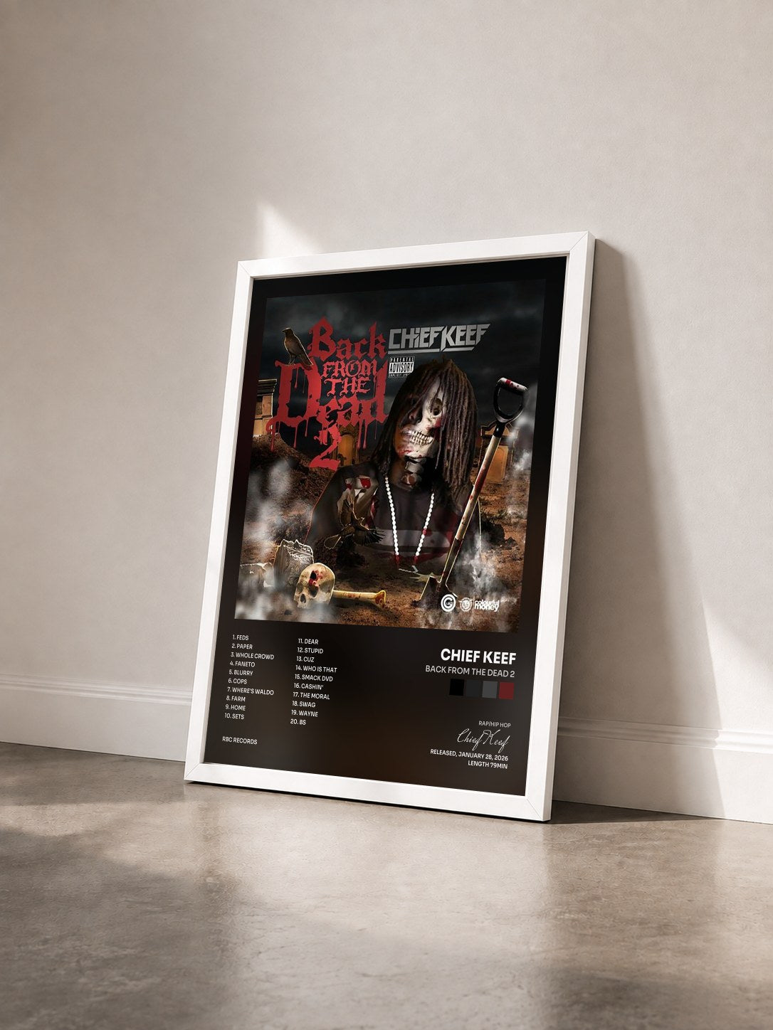 #blanc Tableau de l'album Back from the Dead 2 de Chief Keef vu de trois quarts, cadre blanc