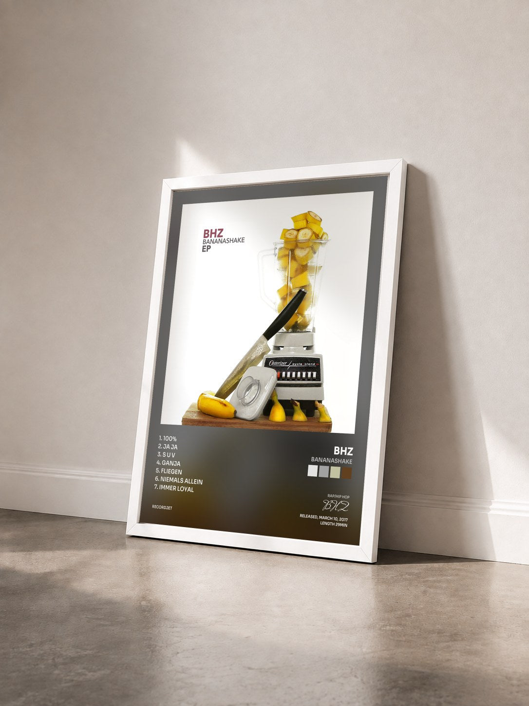 #blanc Tableau de l'album Bananashake de BHZ vu de trois quarts, cadre blanc