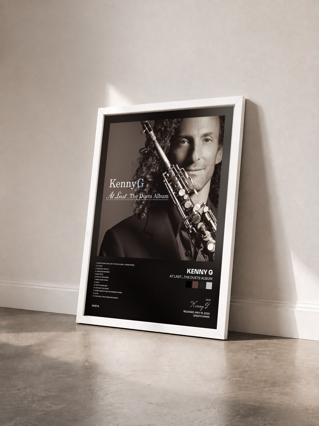 #blanc Tableau de l'album At Last...The Duets Album de Kenny G vu de trois quarts, cadre blanc