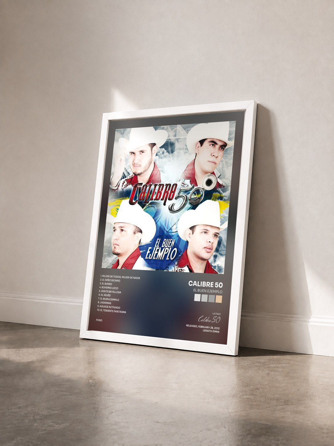 #blanc Tableau de l'album El Buen Ejemplo de Calibre 50 vu de trois quarts, cadre blanc