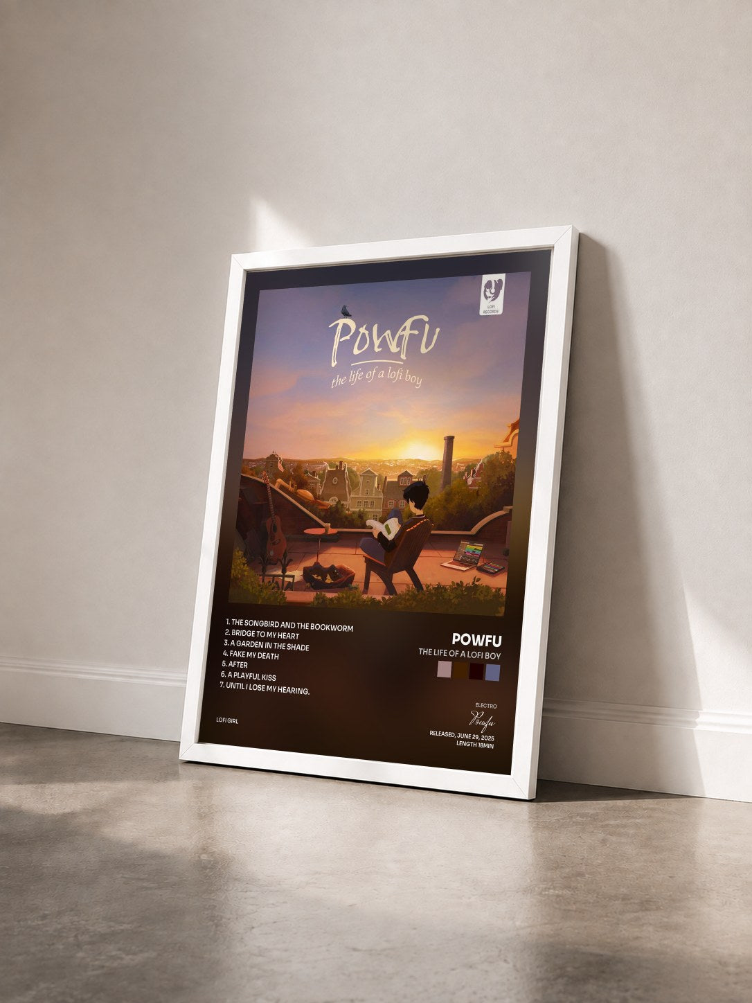 #blanc Tableau de l'album the life of a lofi boy de Powfu vu de trois quarts, cadre blanc