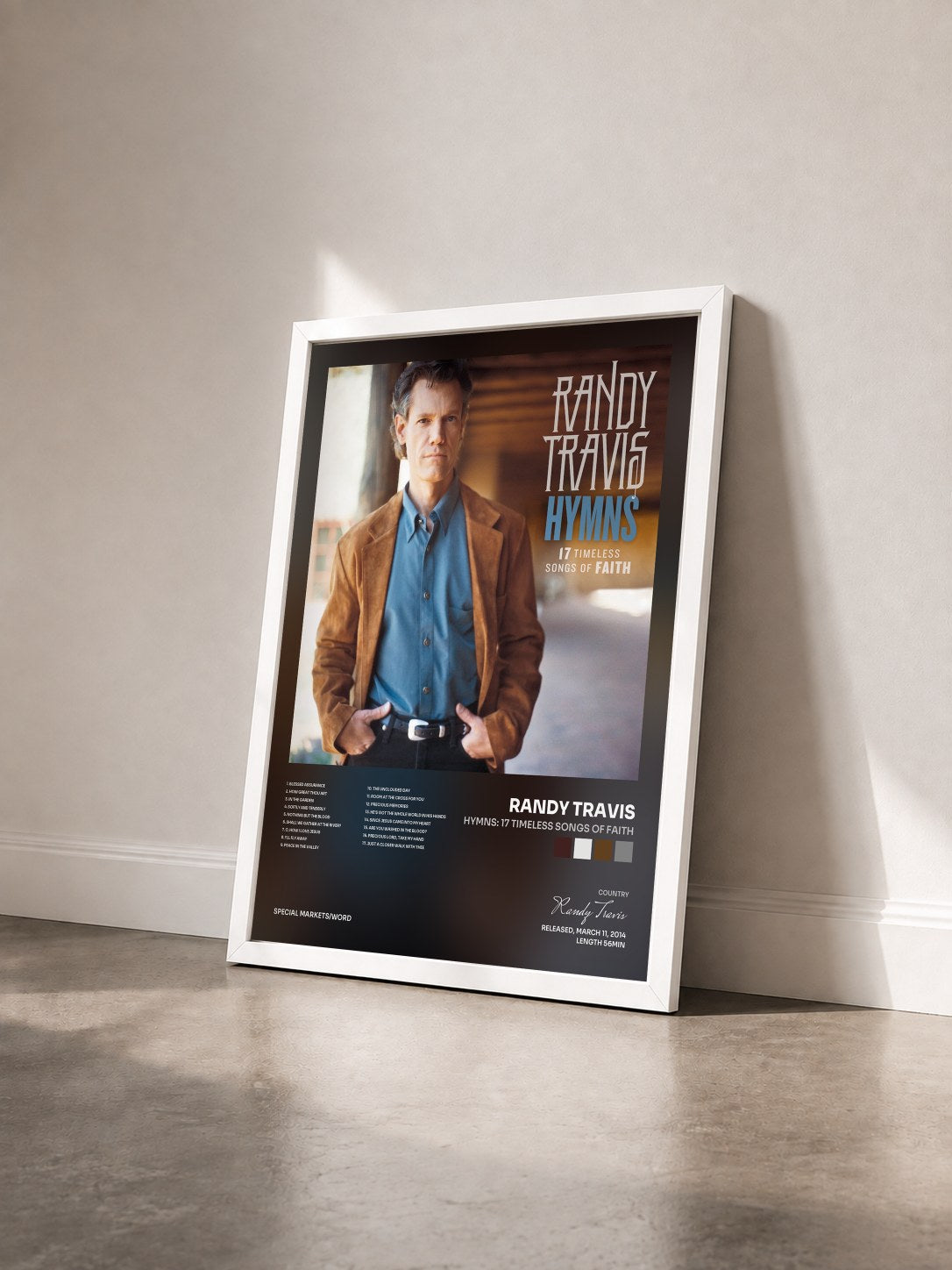 #blanc Tableau de l'album Hymns: 17 Timeless Songs of Faith de Randy Travis vu de trois quarts, cadre blanc