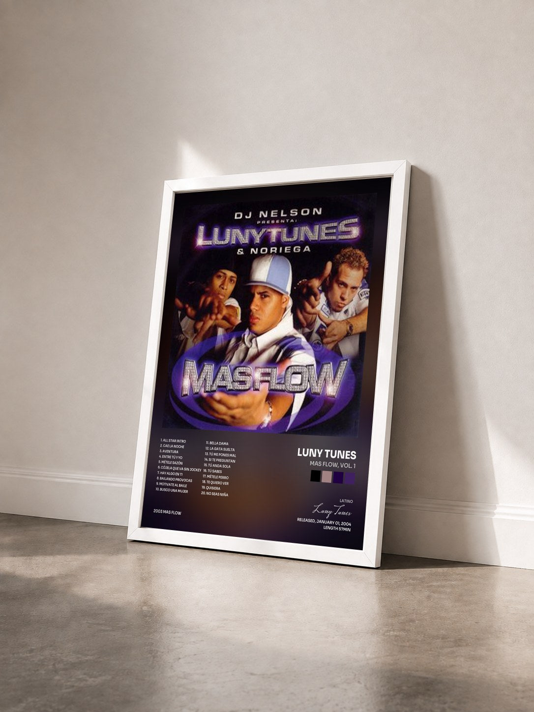 #blanc Tableau de l'album Mas Flow, Vol. 1 de Luny Tunes vu de trois quarts, cadre blanc