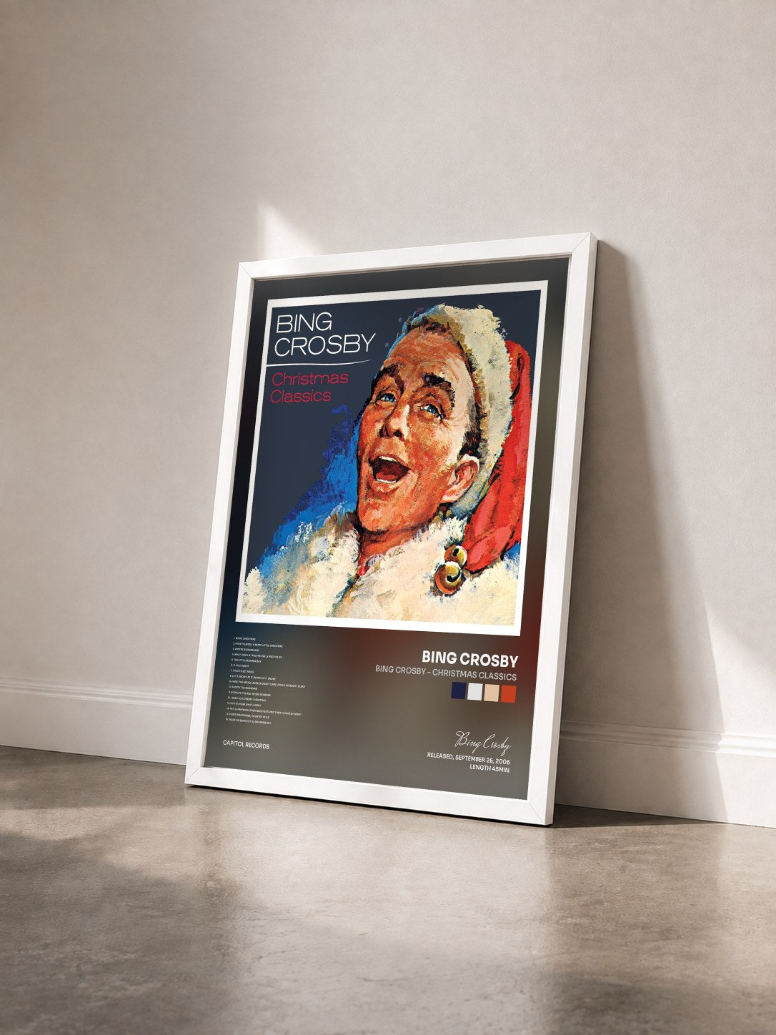 #blanc Tableau de l'album Bing Crosby - Christmas Classics de Bing Crosby vu de trois quarts, cadre blanc