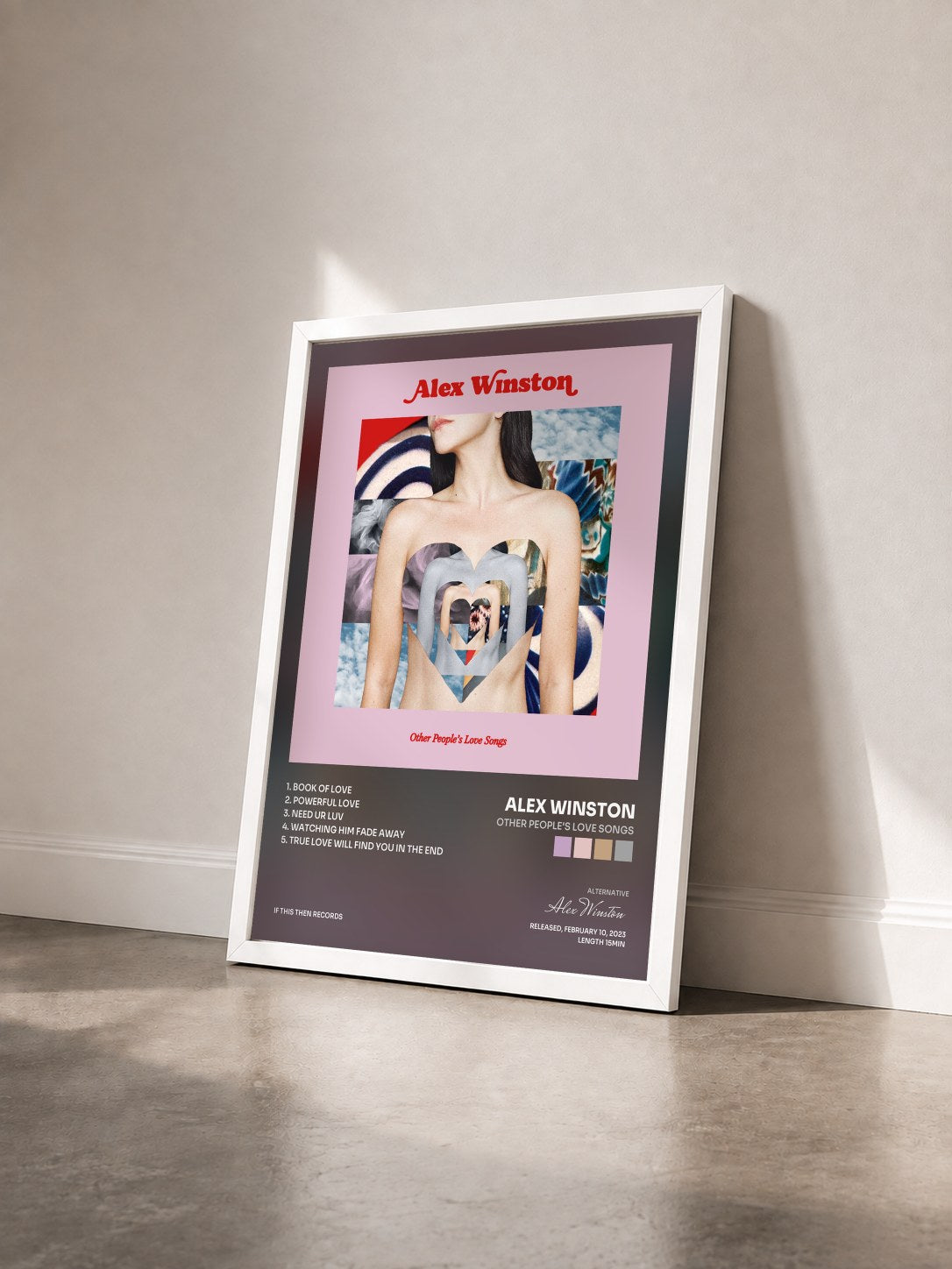 #blanc Tableau de l'album Other People's Love Songs de Alex Winston vu de trois quarts, cadre blanc