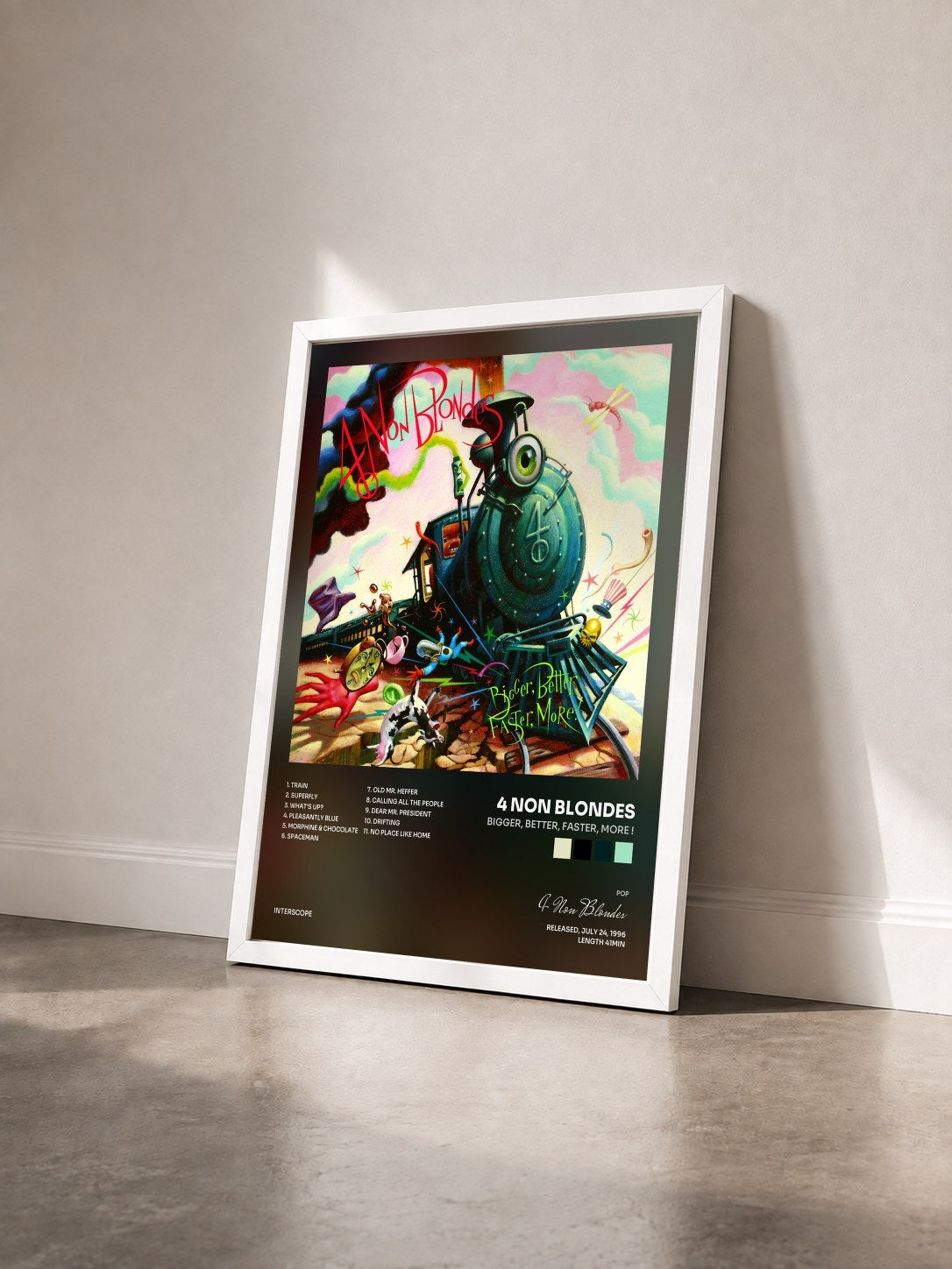 #blanc Tableau de l'album Bigger, Better, Faster, More ! de 4 Non Blondes vu de trois quarts, cadre blanc