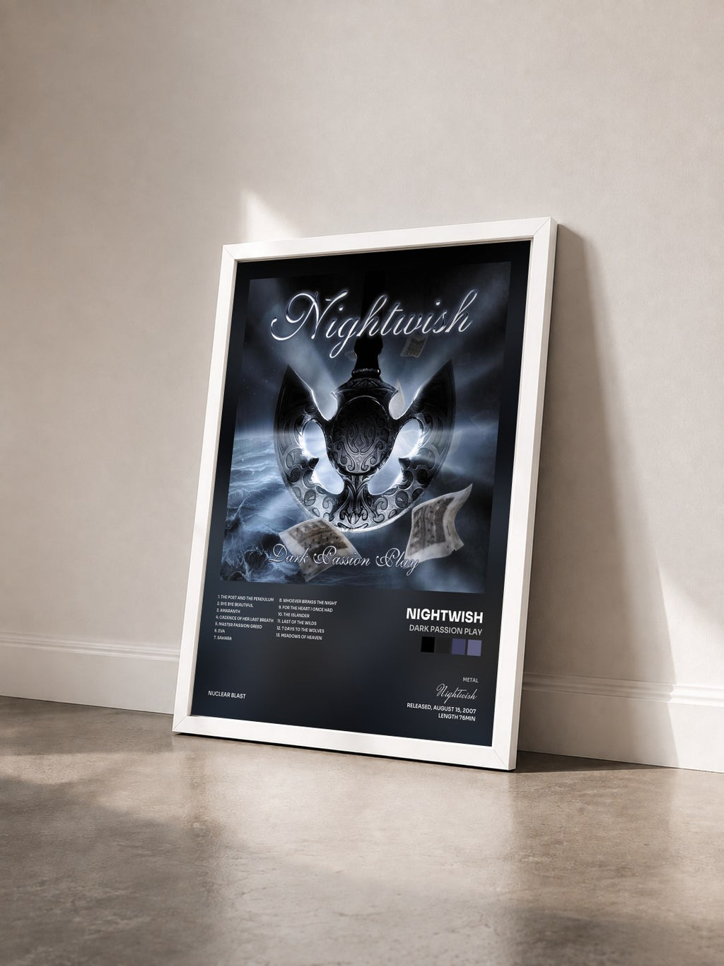 #blanc Tableau de l'album Dark Passion Play de Nightwish vu de trois quarts, cadre blanc