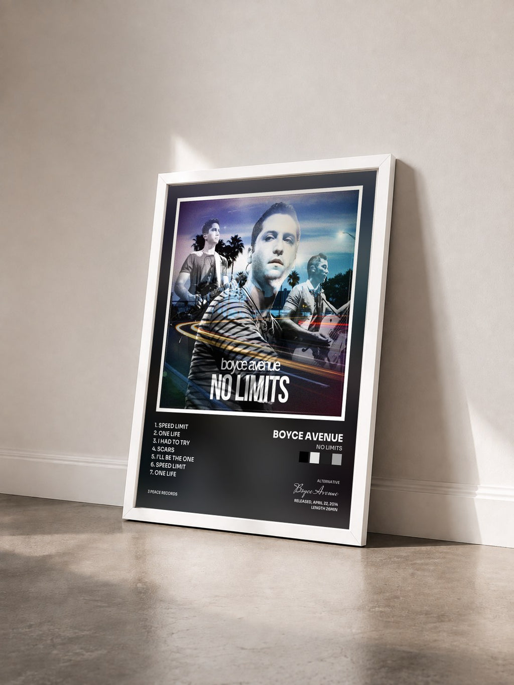 #blanc Tableau de l'album No Limits de Boyce Avenue vu de trois quarts, cadre blanc