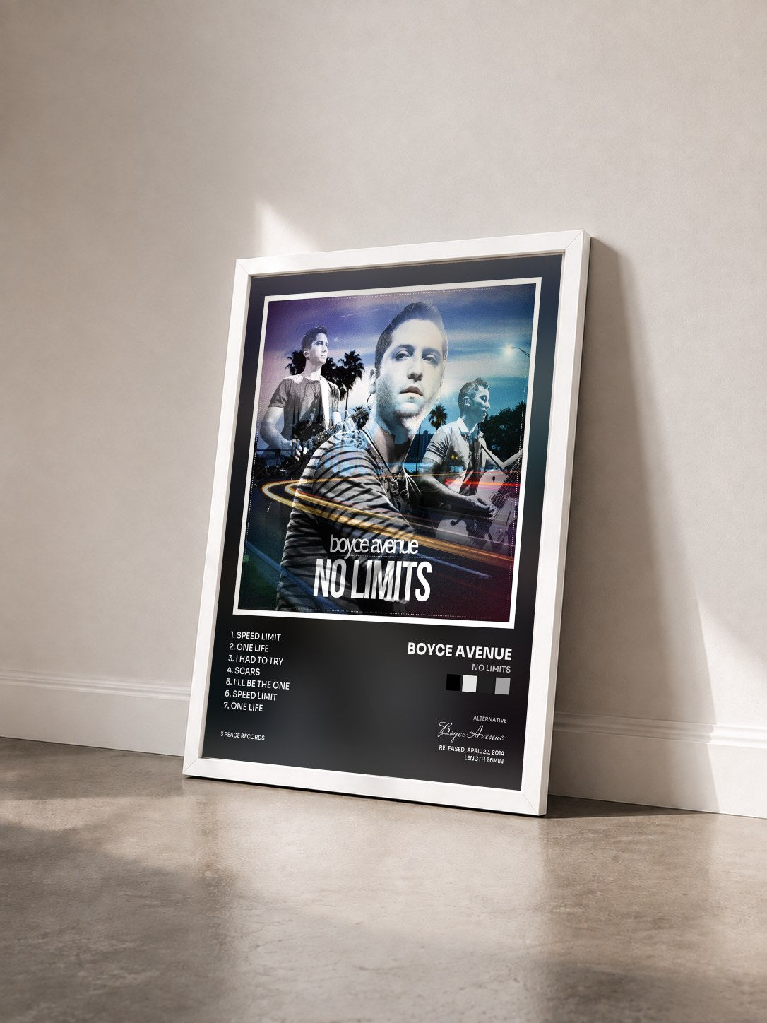 #blanc Tableau de l'album No Limits de Boyce Avenue vu de trois quarts, cadre blanc
