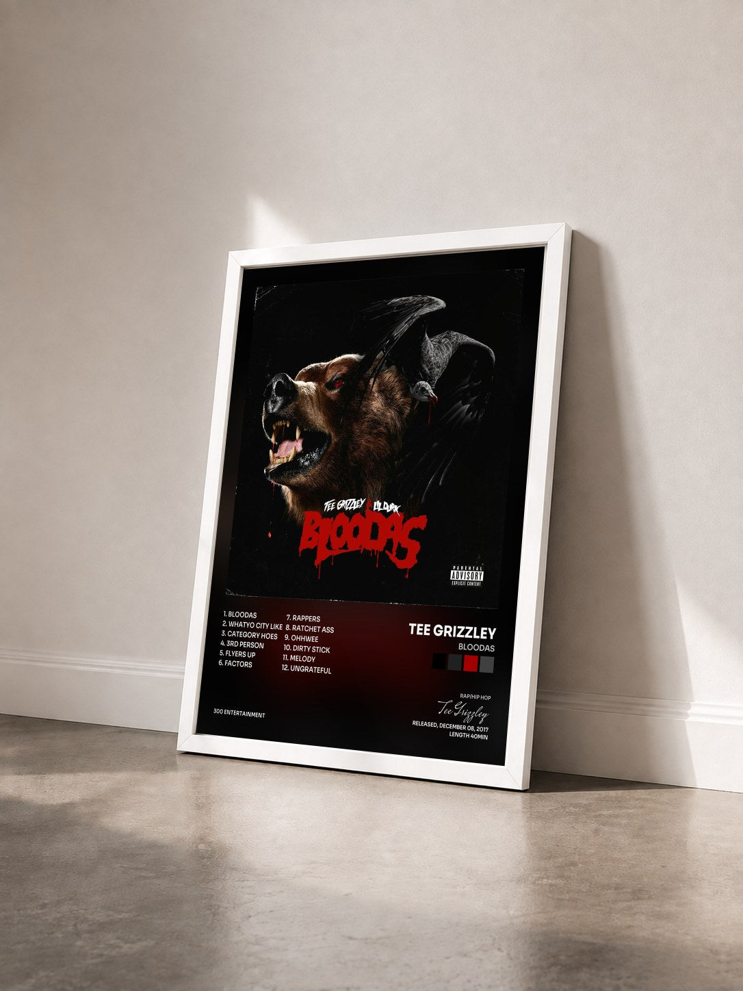#blanc Tableau de l'album Bloodas de Tee Grizzley vu de trois quarts, cadre blanc