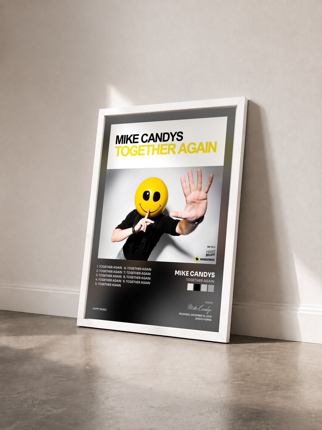 #blanc Tableau de l'album Together Again de Mike Candys vu de trois quarts, cadre blanc